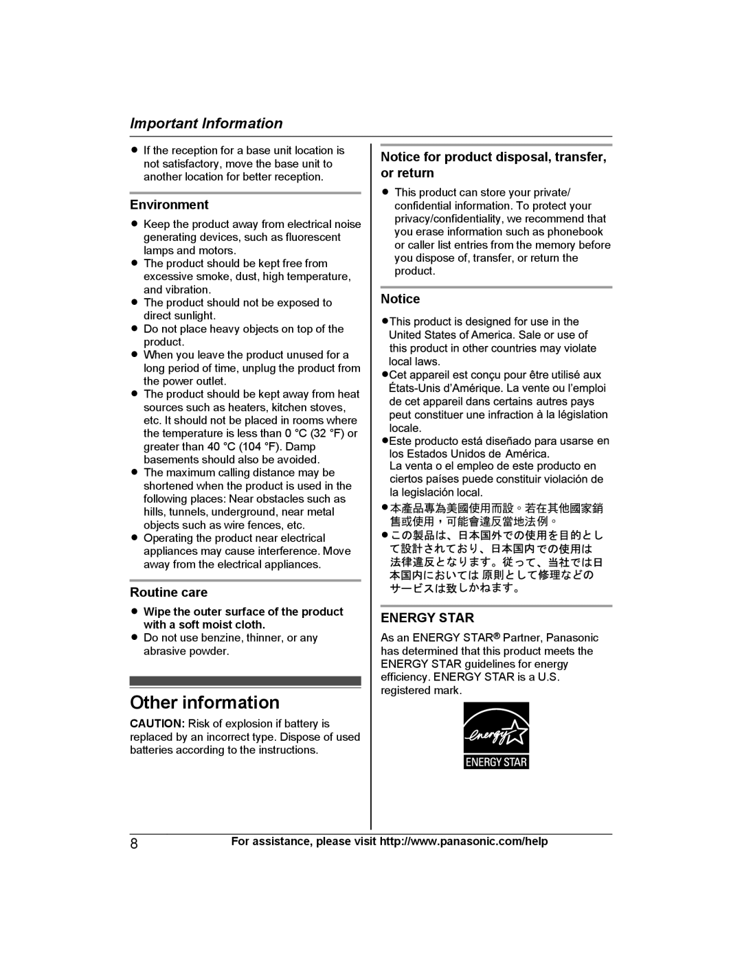 Panasonic KX-TGE233, KX-TGE245, KX-TGE244, KX-TGE243, KX-TGE242, KX-TGE232 Other information, Environment, Routine care 