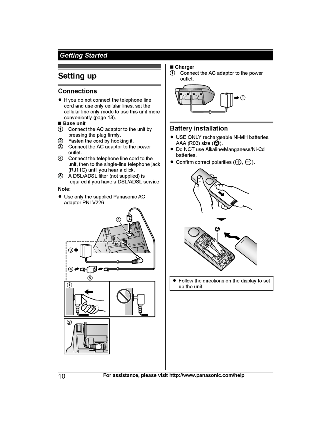 Panasonic KX-TGH264, KX-TGH260, KX-TG472SK, KX-TGH262, KX-TGH263, KX-TG473SK Setting up, Connections, Battery installation 