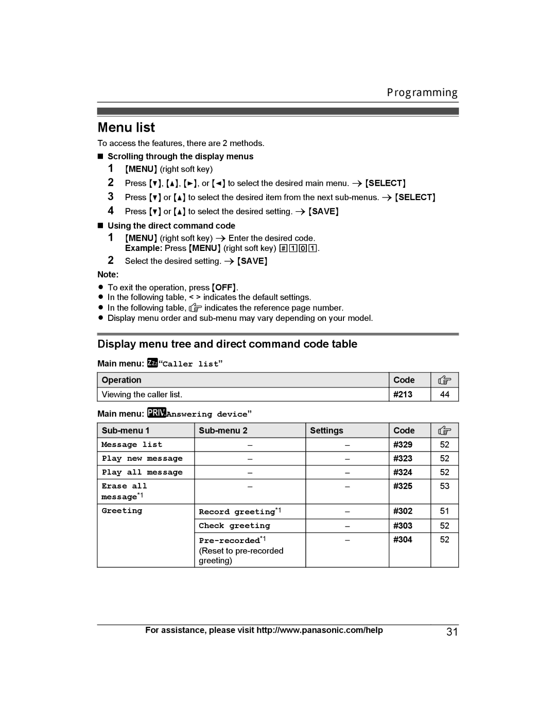 Panasonic KX-TG472SK, KX-TGH260 Menu list, Display menu tree and direct command code table, Main menu Answering device 