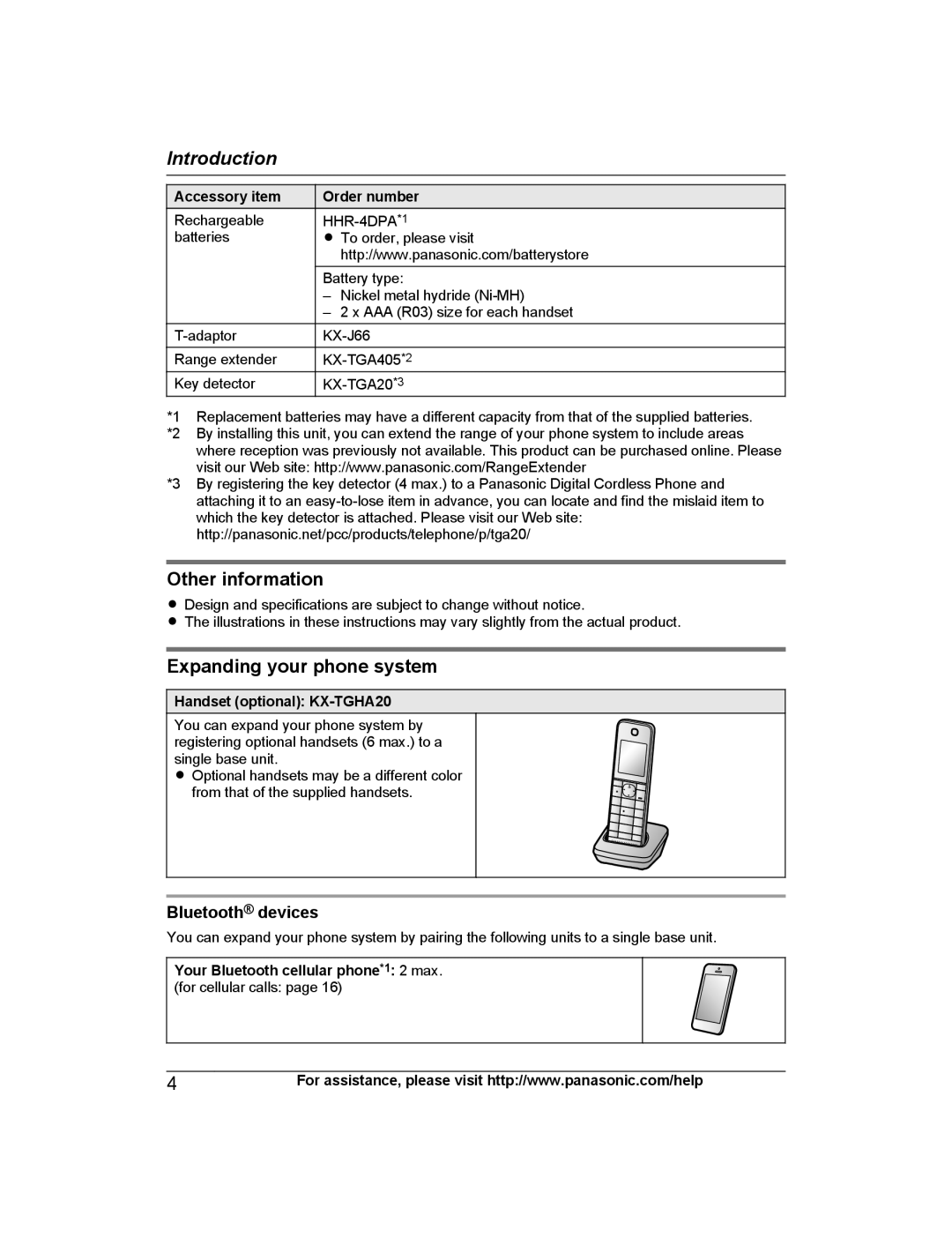 Panasonic KX-TGH264, KX-TGH260, KX-TG472SK, KX-TGH262 Other information, Expanding your phone system, Bluetooth devices 