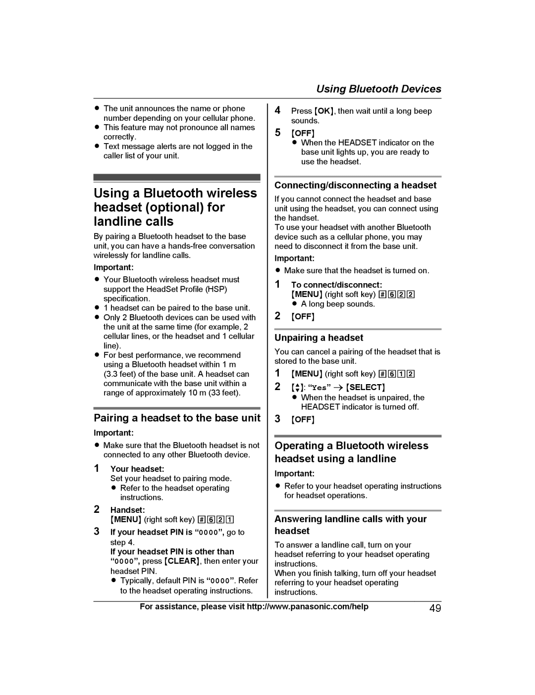 Panasonic KX-TG472SK Pairing a headset to the base unit, Operating a Bluetooth wireless headset using a landline 
