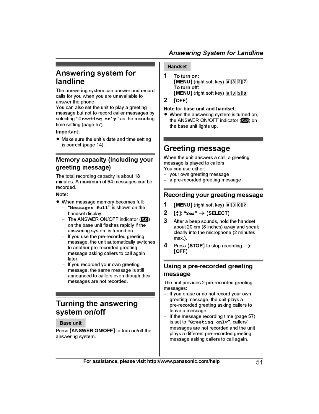 Panasonic KX-TGH263 Answering system for landline, Greeting message, Memory capacity including your greeting message 