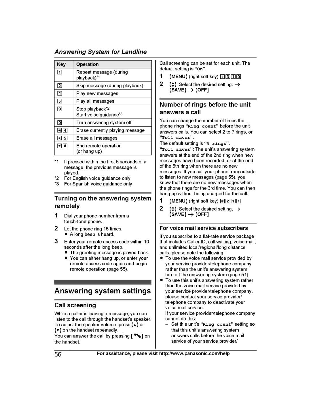 Panasonic KX-TGH262, KX-TGH260 Answering system settings, Turning on the answering system remotely, Call screening 