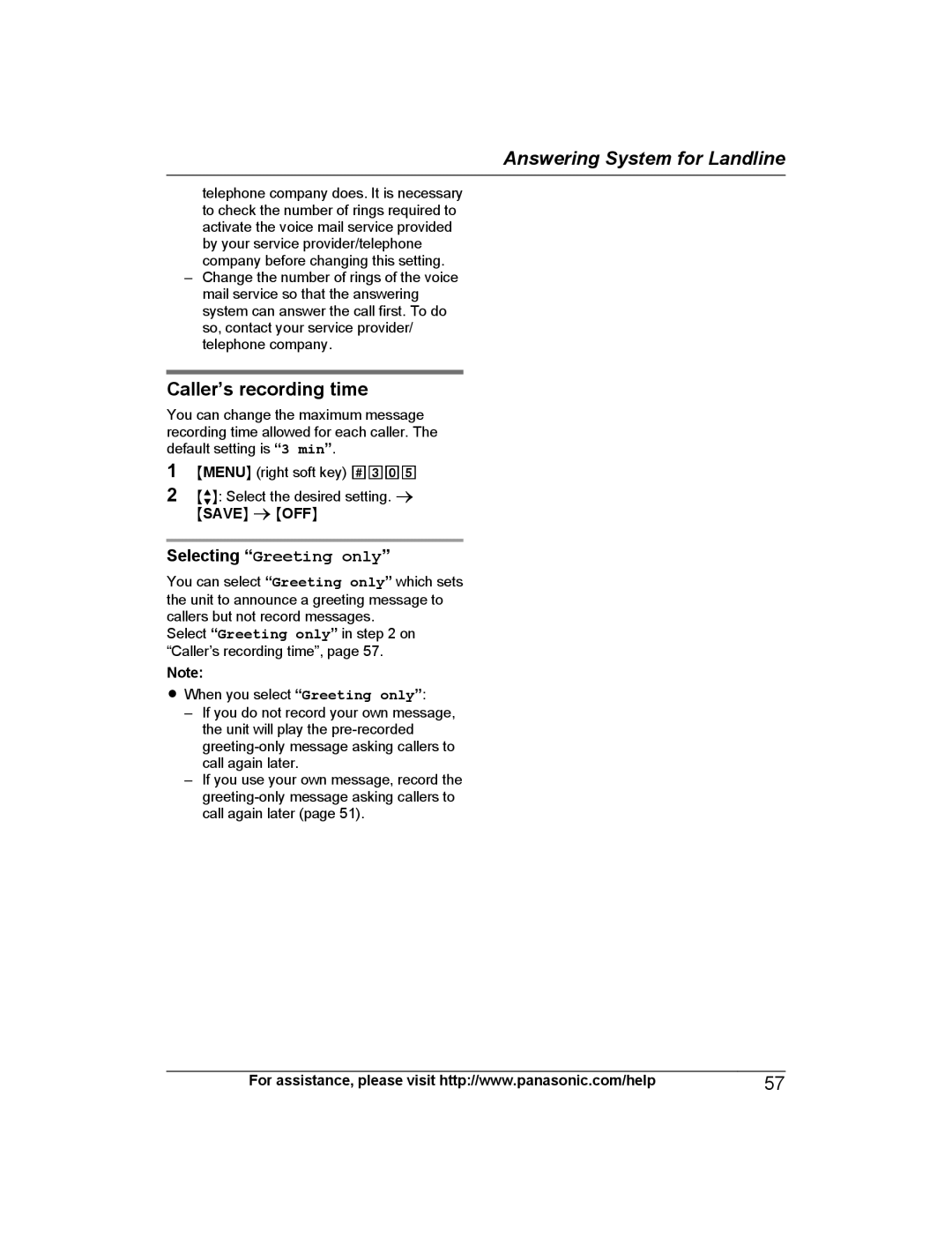 Panasonic KX-TGH263, KX-TGH260, KX-TG472SK, KX-TGH262, KX-TGH264, KX-TG473SK Caller’s recording time, Selecting Greeting only 
