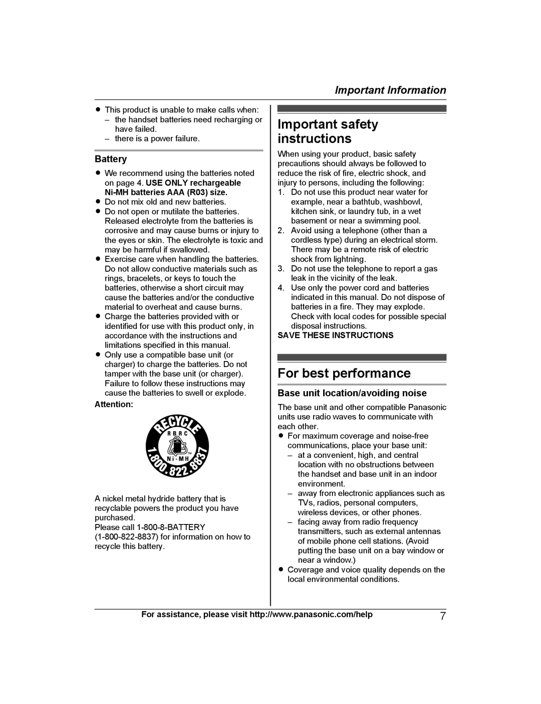 Panasonic KX-TG472SK Important safety instructions, For best performance, Battery, Base unit location/avoiding noise 