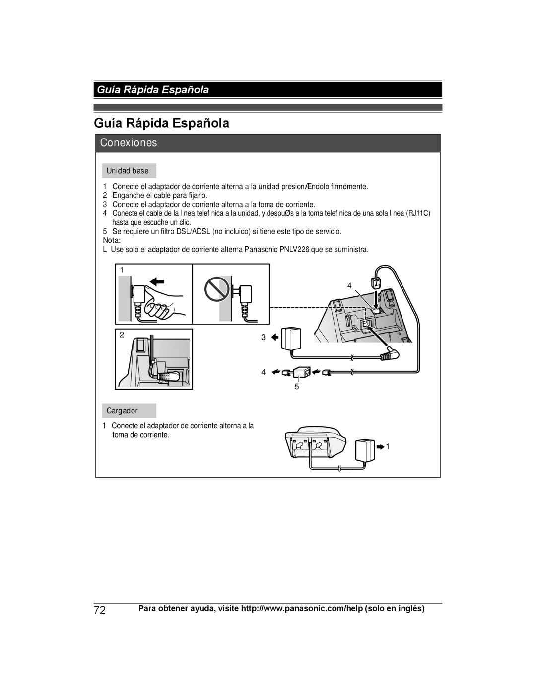 Panasonic KX-TGH260, KX-TG472SK, KX-TGH262, KX-TGH263, KX-TGH264, KX-TG473SK Guía Rápida Española, Unidad base, Nota, Cargador 