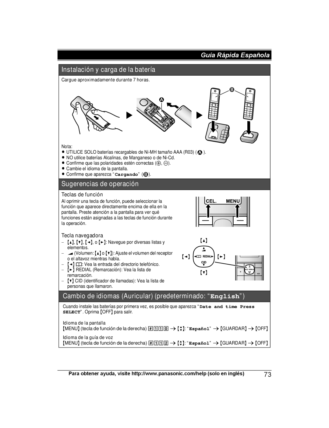 Panasonic KX-TG472SK Cargue aproximadamente durante 7 horas Nota, Idioma de la pantalla, Idioma de la guía de voz 