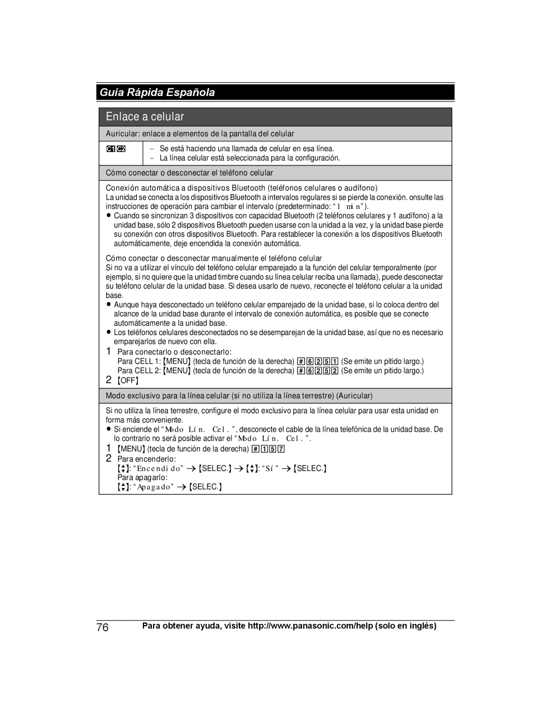 Panasonic KX-TGH264 Cómo conectar o desconectar manualmente el teléfono celular, Para conectarlo o desconectarlo 