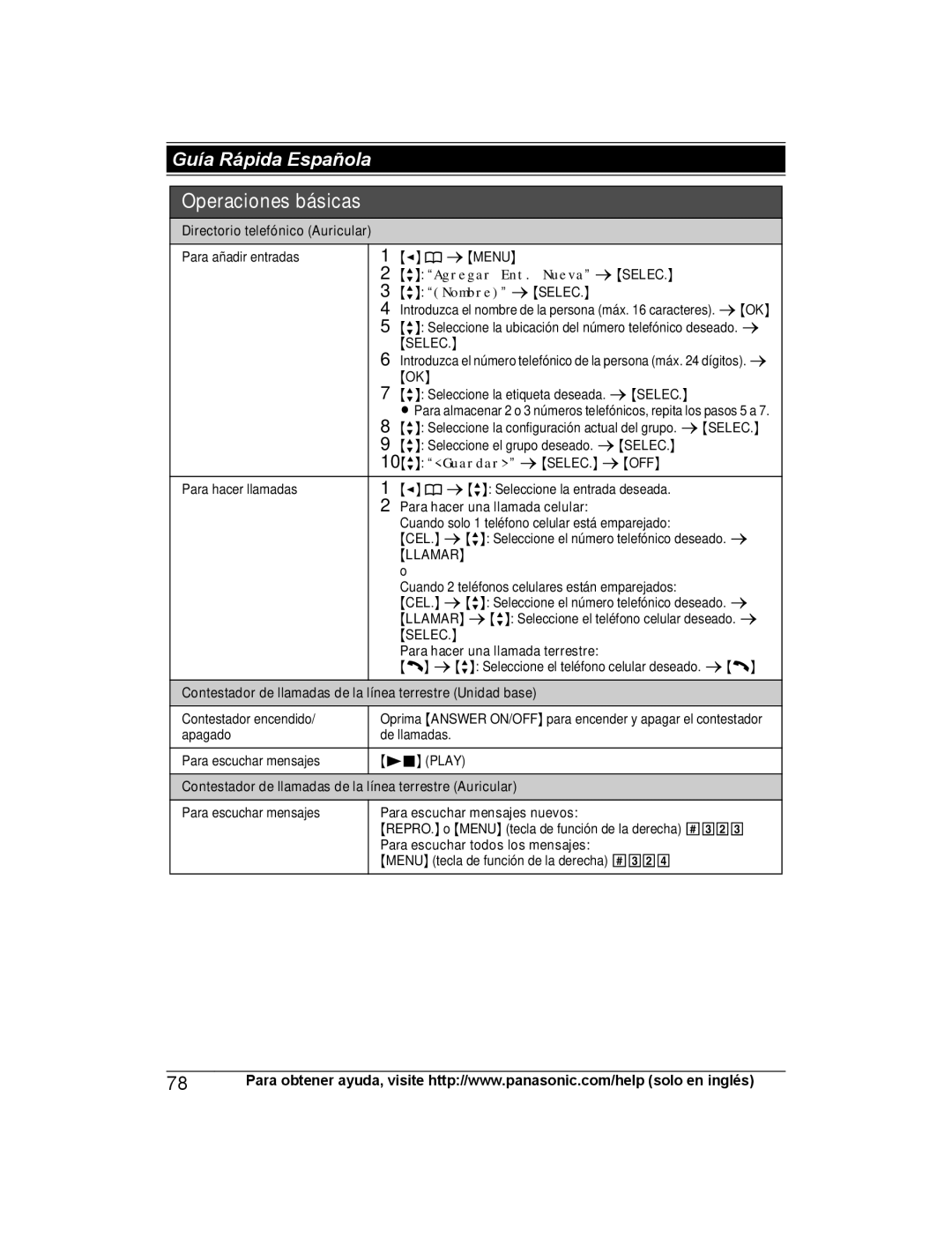 Panasonic KX-TGH260, KX-TG472SK, KX-TGH262, KX-TGH263, KX-TGH264, KX-TG473SK operating instructions Agregar Ent. Nueva s Selec 