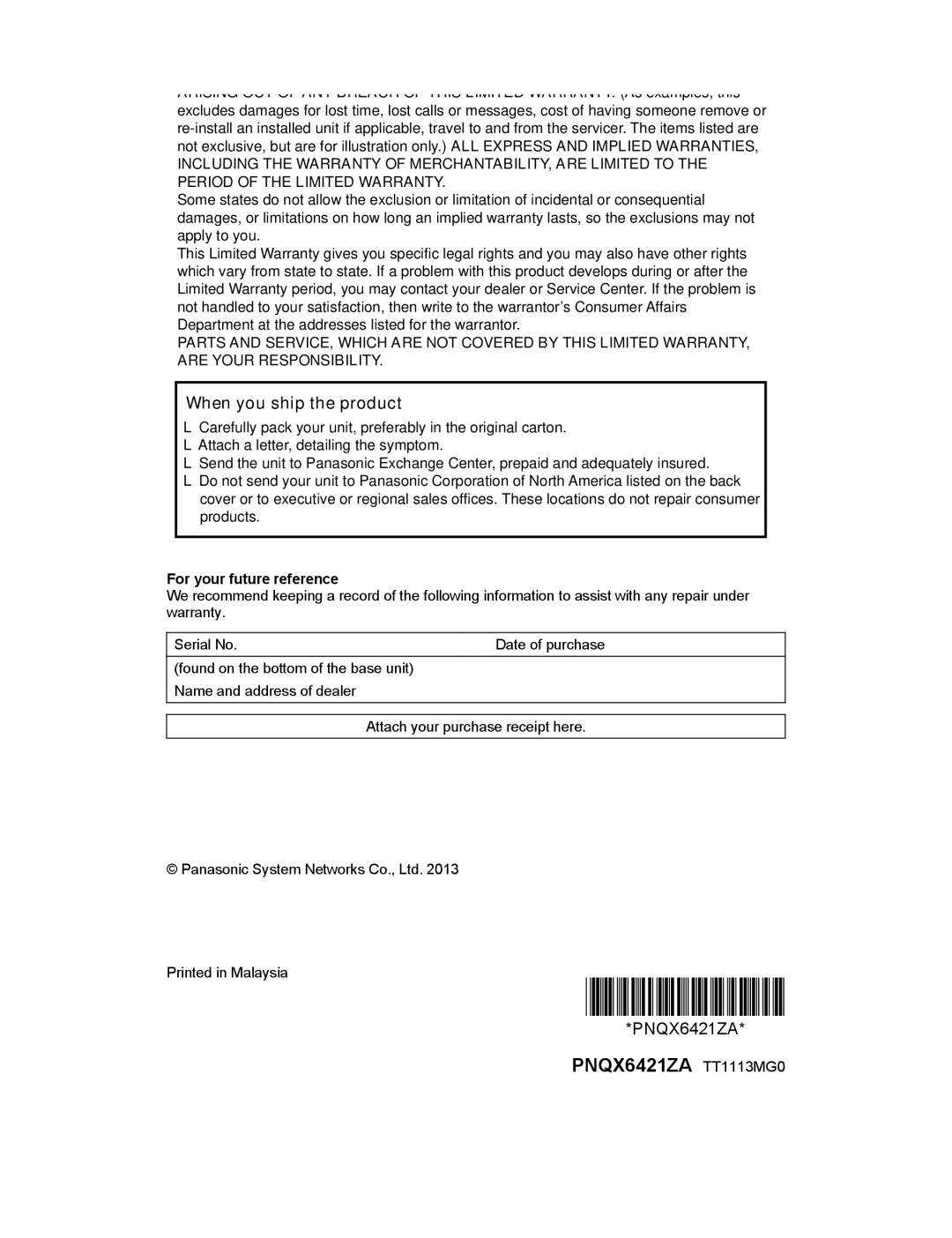 Panasonic KX-TGH264, KX-TGH260, KX-TG472SK Read troubleshooting page in the Operating Instructions, PNQX6421ZA TT1113MG0 