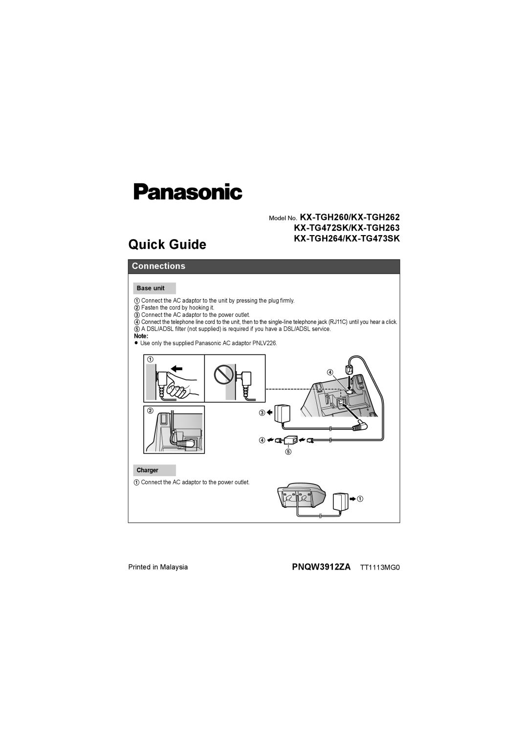 Panasonic KX-TG472SK, KX-TGH260, KX-TGH262, KX-TGH263, KX-TGH264, KX-TG473SK manual Connections, Base unit, Charger 