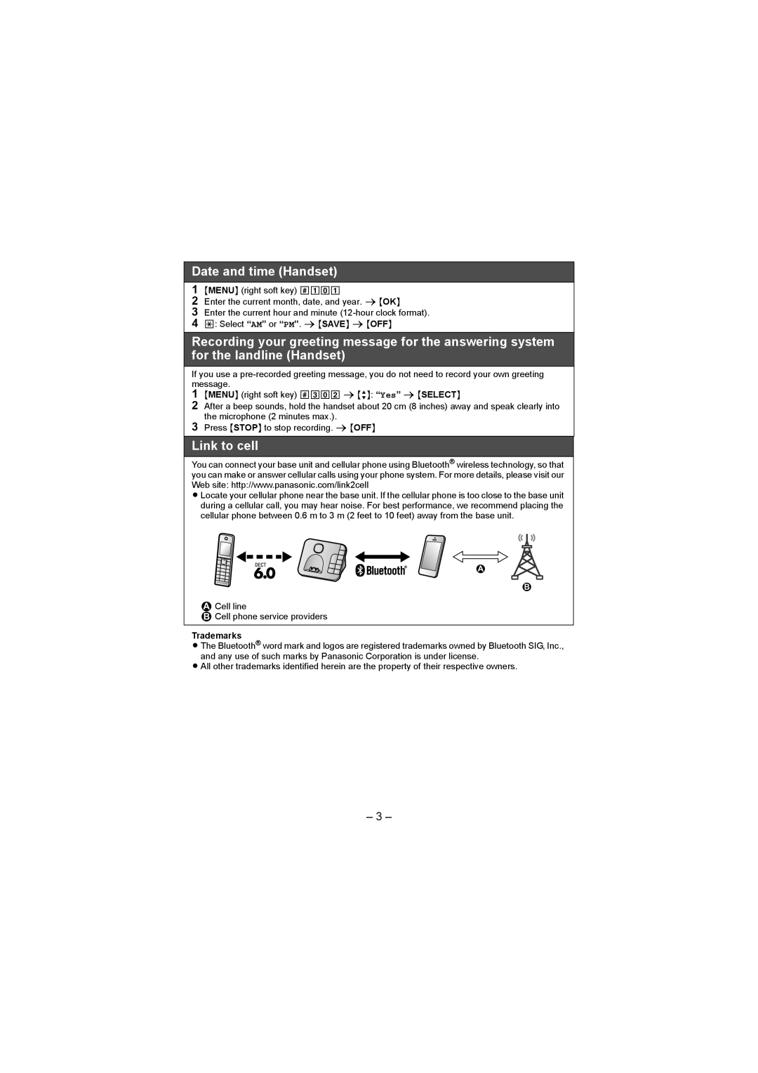 Panasonic KX-TGH263, KX-TGH260, KX-TG472SK, KX-TGH262, KX-TGH264, KX-TG473SK Date and time Handset, Link to cell, Trademarks 