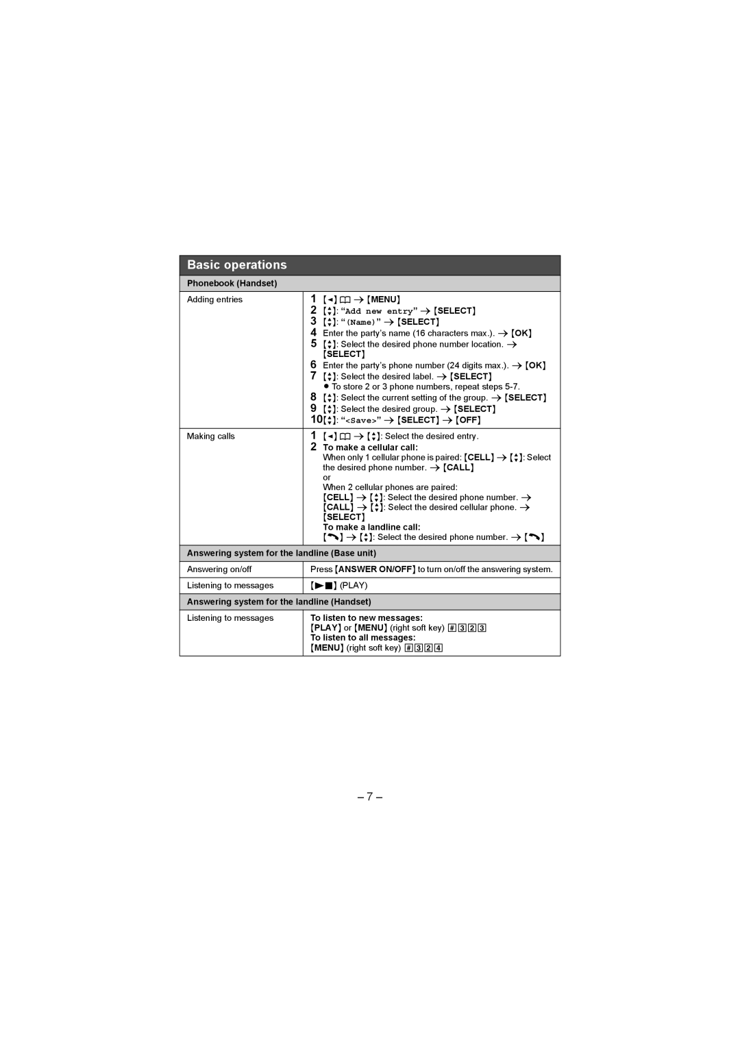 Panasonic KX-TG472SK Phonebook Handset, Name s Select, 10r Save s Select sOFF, Answering system for the landline Base unit 