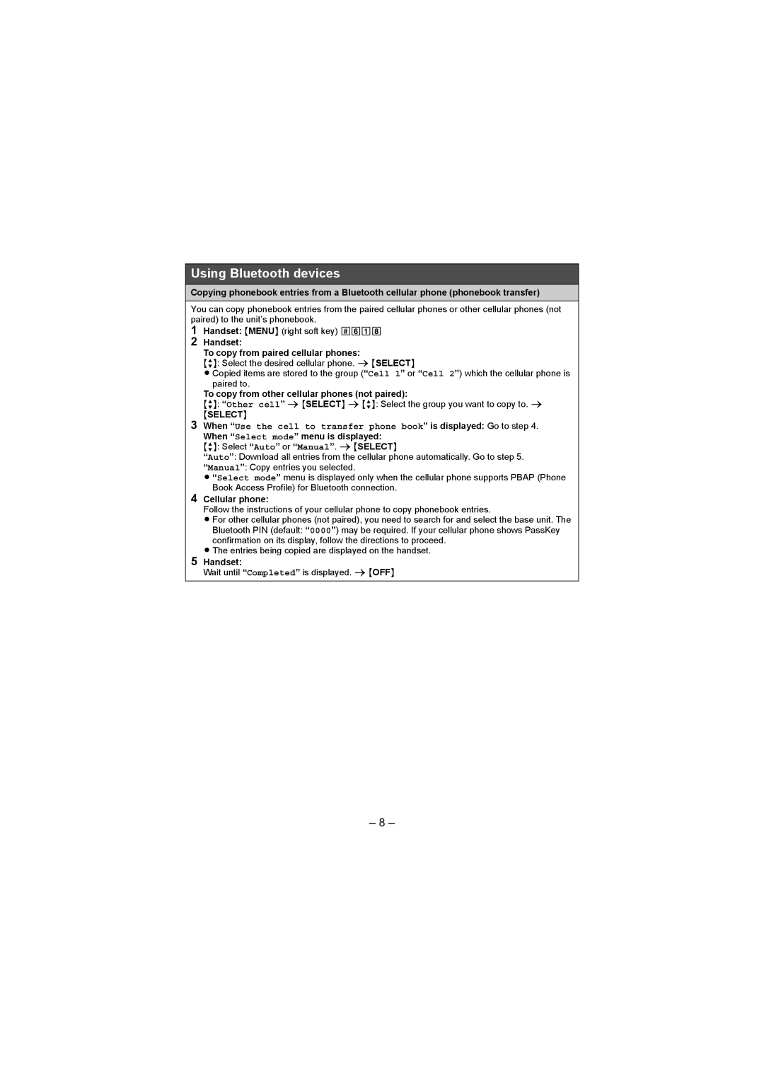 Panasonic KX-TGH262, KX-TGH260 manual Using Bluetooth devices, Handset To copy from paired cellular phones, Cellular phone 