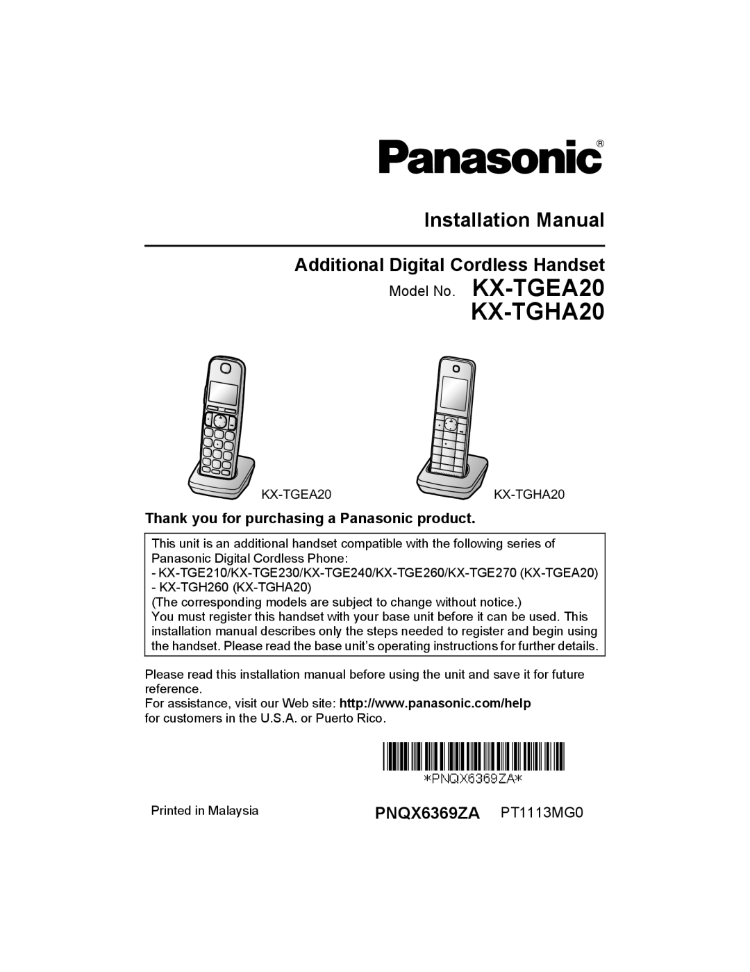 Panasonic KX-TGEA20 installation manual KX-TGHA20, Thank you for purchasing a Panasonic product 