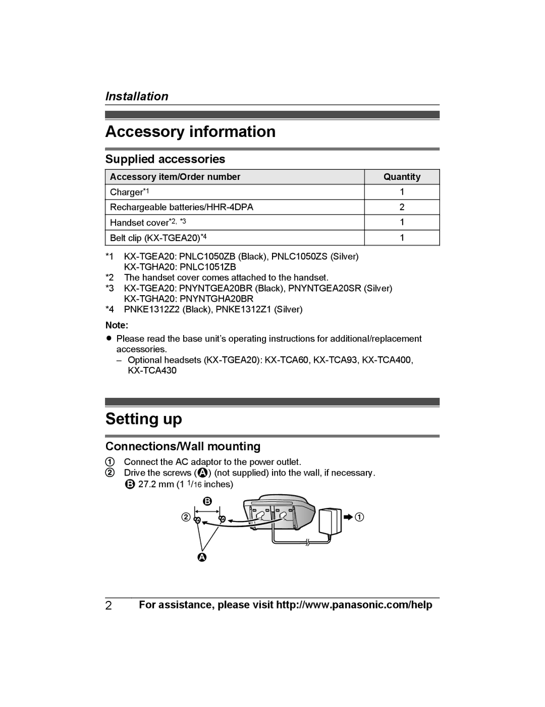 Panasonic KX-TGHA20, KX-TGEA20 installation manual Accessory information, Setting up, Accessory item/Order number, Quantity 