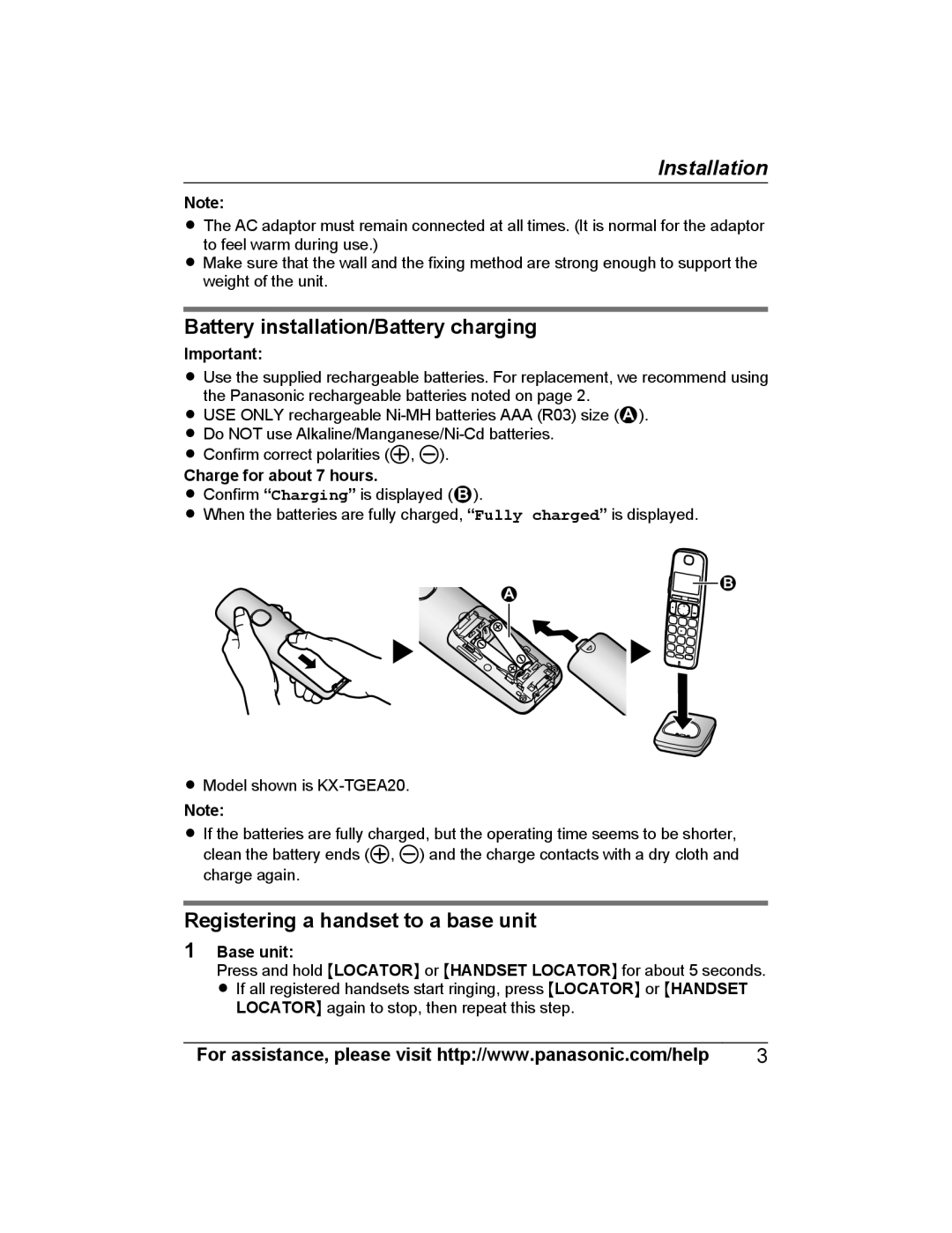 Panasonic KX-TGEA20, KX-TGHA20 installation manual Charge for about 7 hours, Base unit 