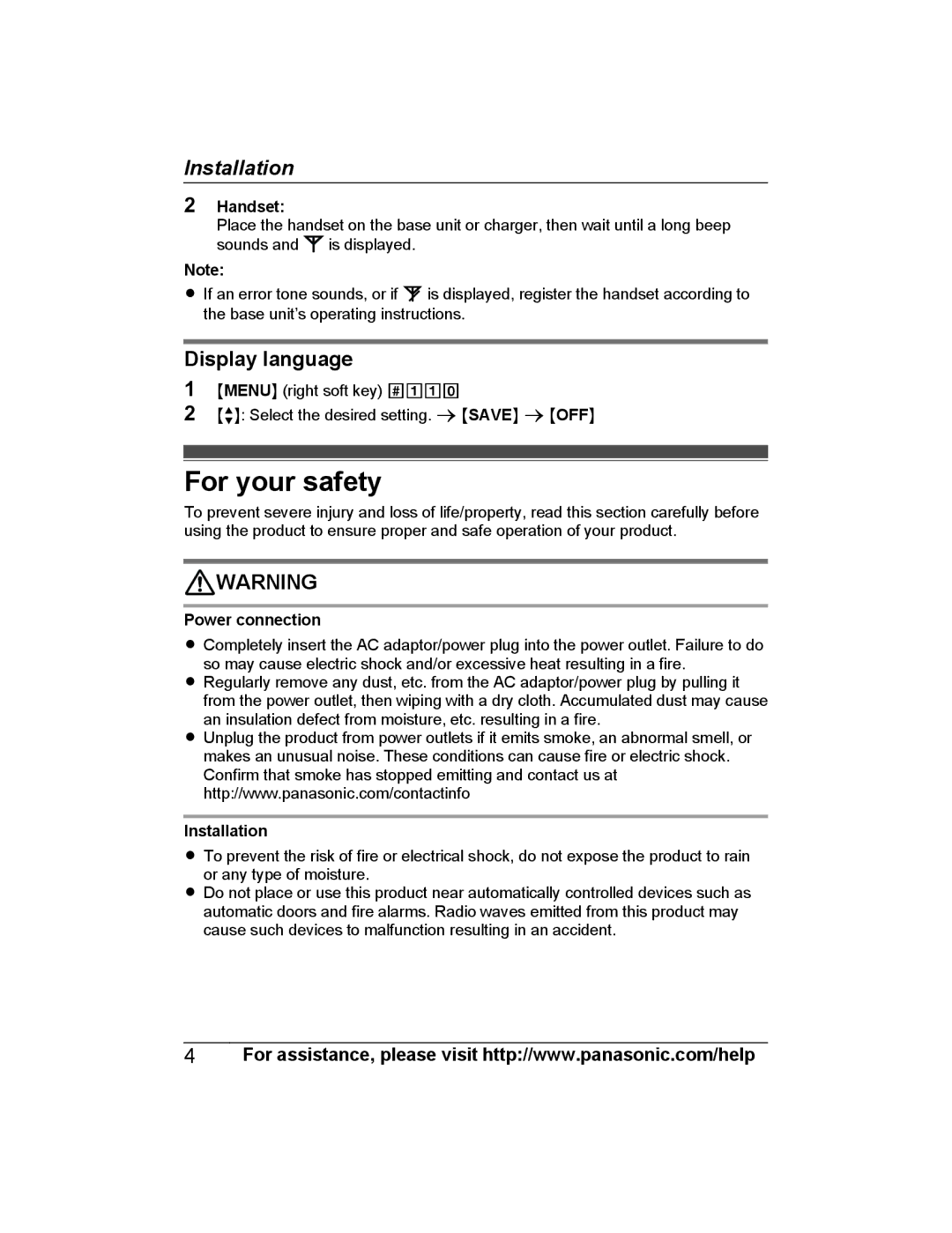 Panasonic KX-TGHA20, KX-TGEA20 installation manual For your safety, Handset, Power connection, Installation 