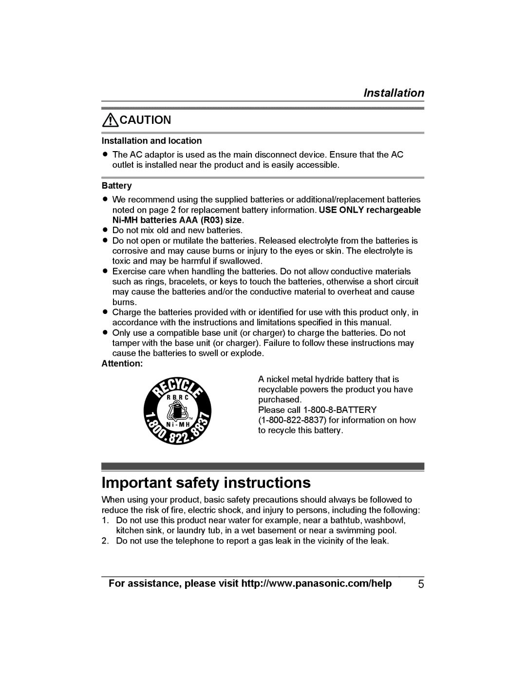 Panasonic KX-TGEA20, KX-TGHA20 installation manual Important safety instructions, Installation and location, Battery 