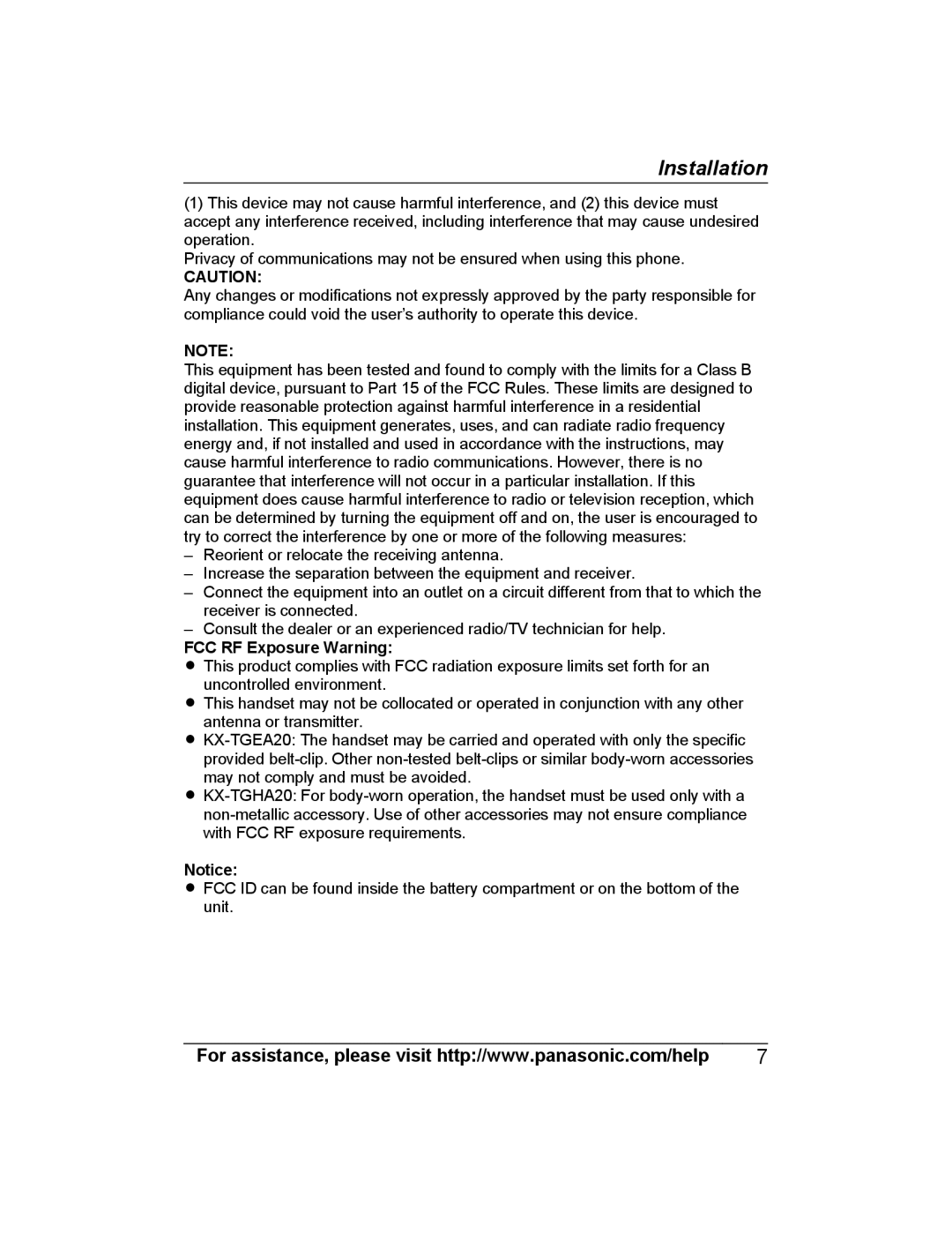 Panasonic KX-TGEA20, KX-TGHA20 installation manual FCC RF Exposure Warning 