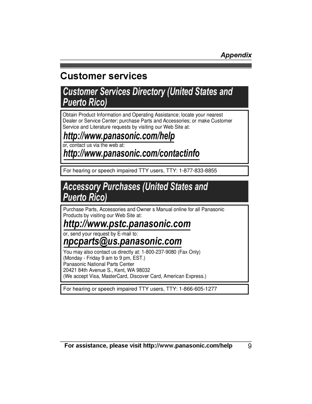 Panasonic KX-TGEA20 Customer Services Directory United States and Puerto Rico, Or, send your request by E-mail to 