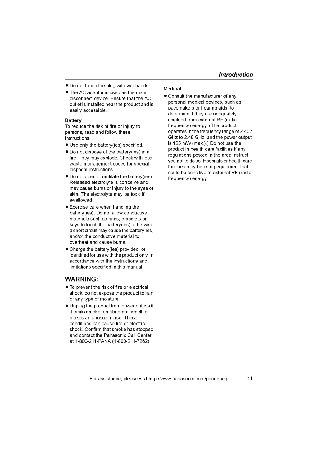 Panasonic KX-TH102-C operating instructions Battery, Medical 