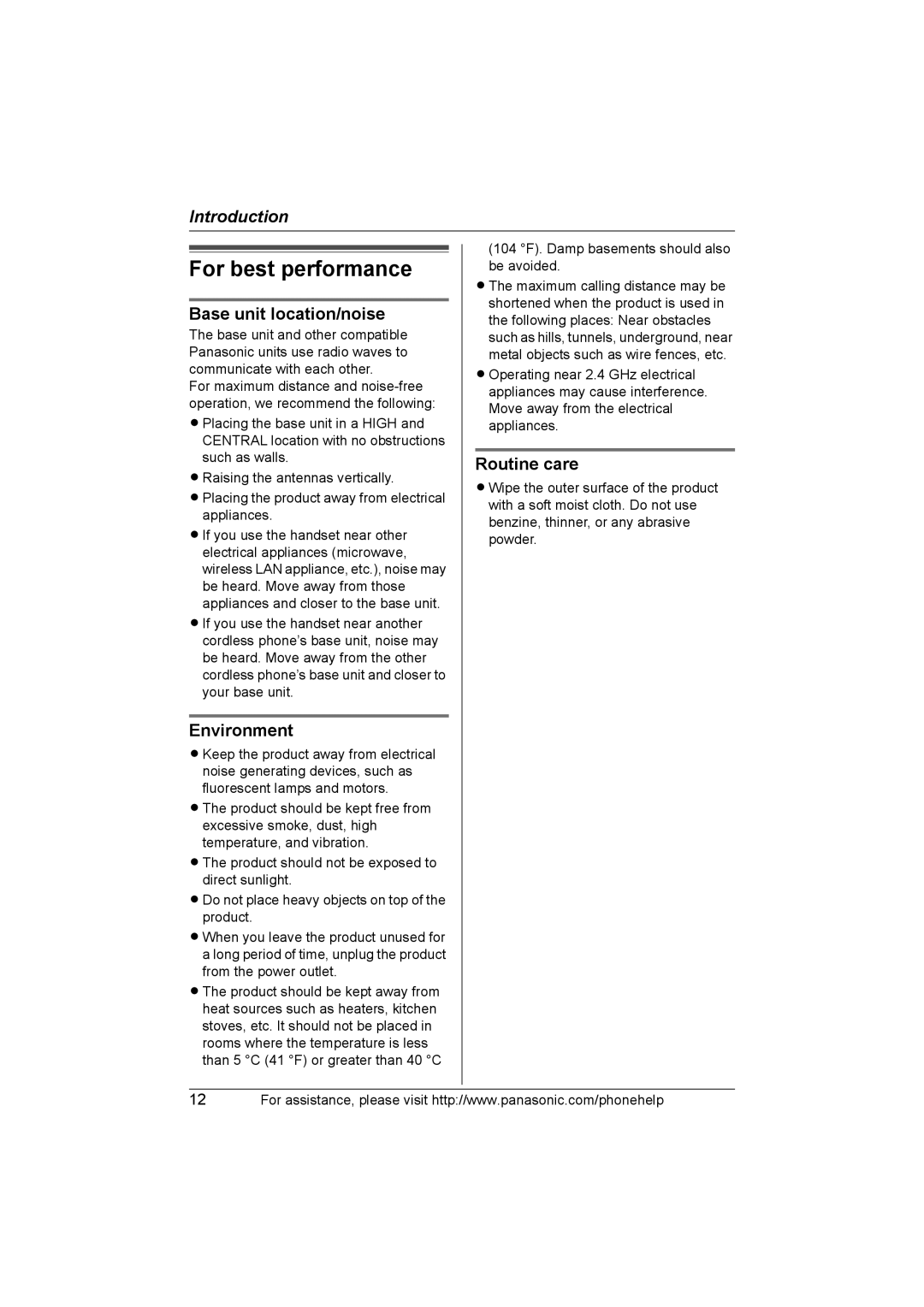 Panasonic KX-TH102-C operating instructions For best performance, Base unit location/noise, Environment, Routine care 