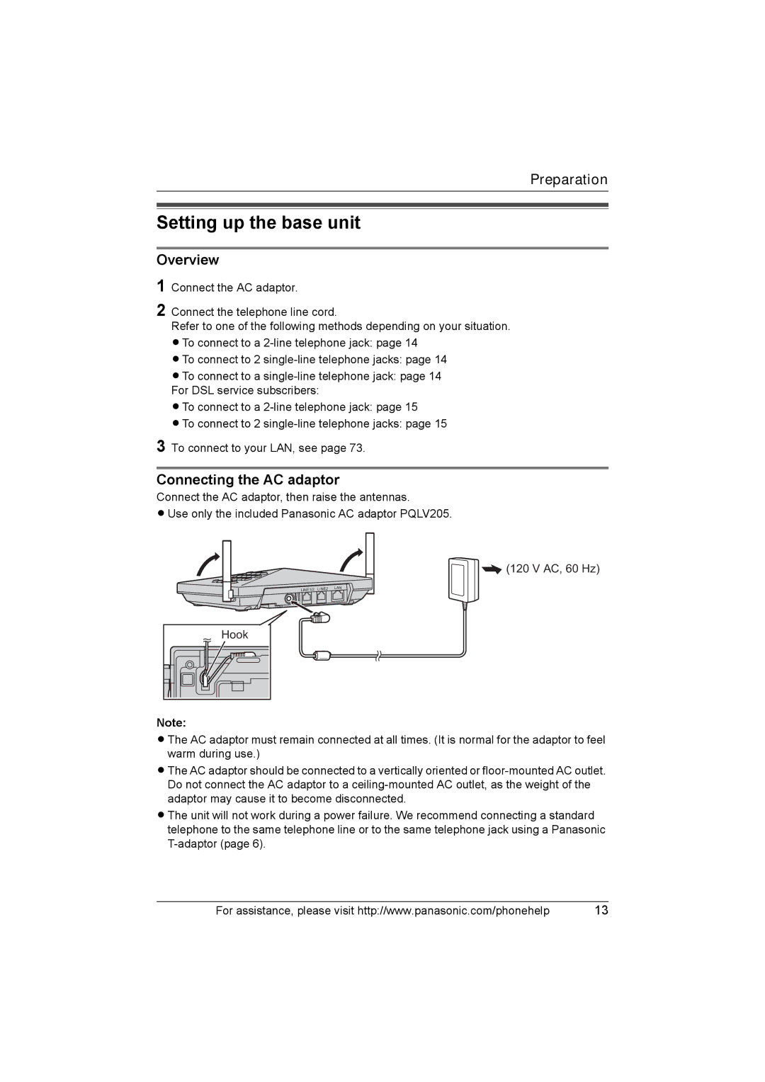 Panasonic KX-TH102-C operating instructions Setting up the base unit, Overview, Connecting the AC adaptor 