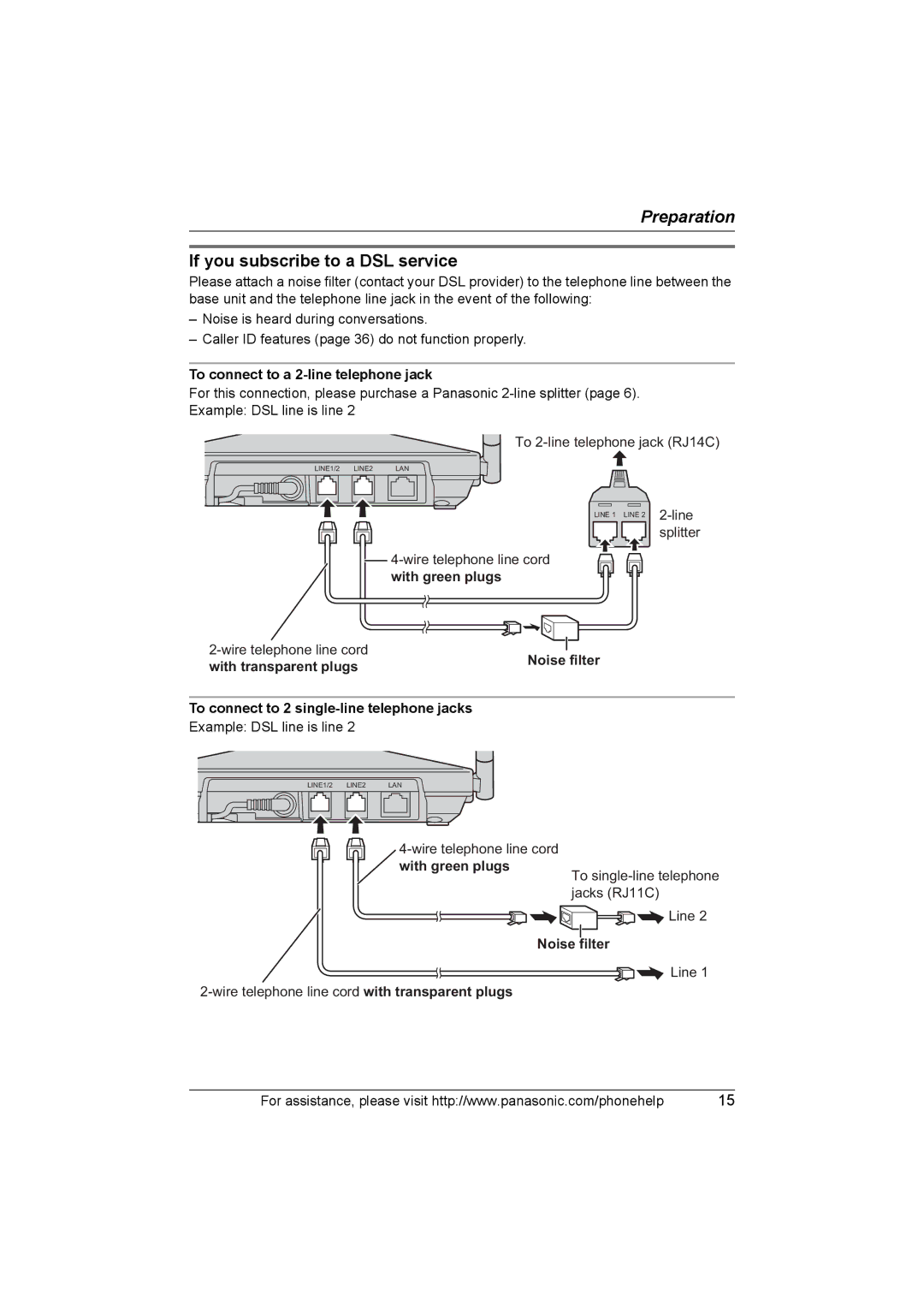 Panasonic KX-TH102-C operating instructions If you subscribe to a DSL service, Noise filter 