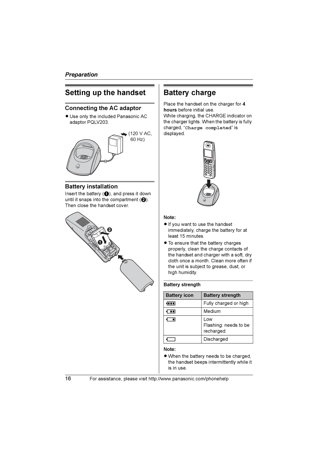 Panasonic KX-TH102-C Setting up the handset, Battery charge, Battery installation, Battery strength Battery icon 