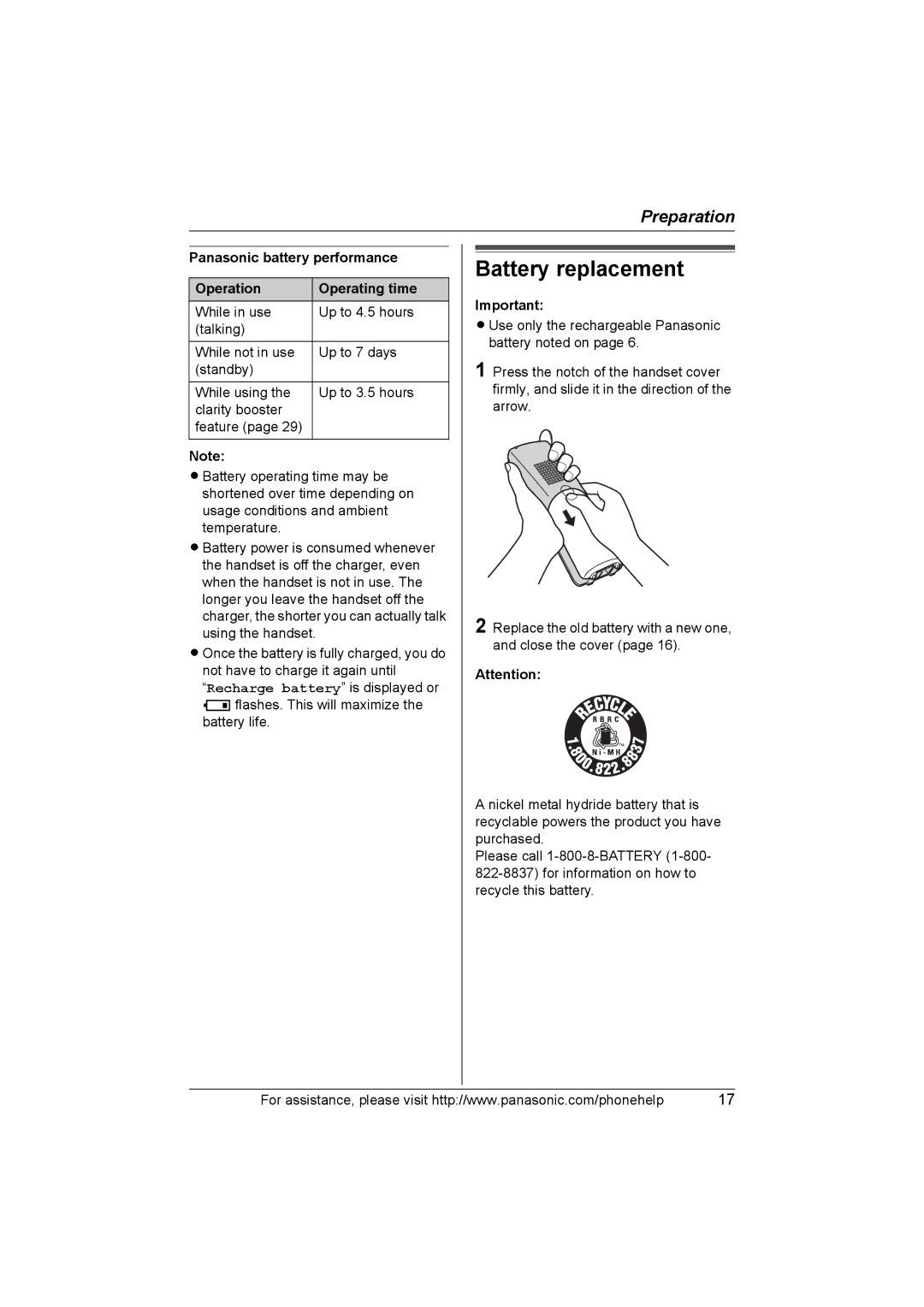 Panasonic KX-TH102-C operating instructions Battery replacement, Panasonic battery performance Operation Operating time 