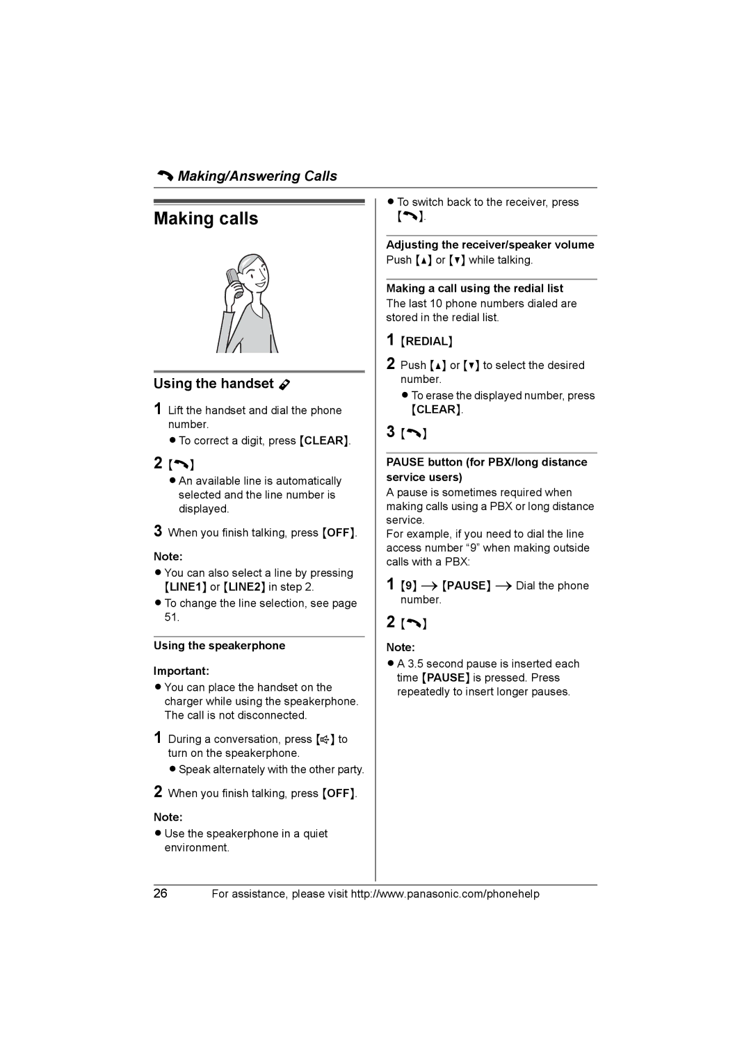 Panasonic KX-TH102-C operating instructions Making calls, Using the handset Y, Using the speakerphone, Redial 