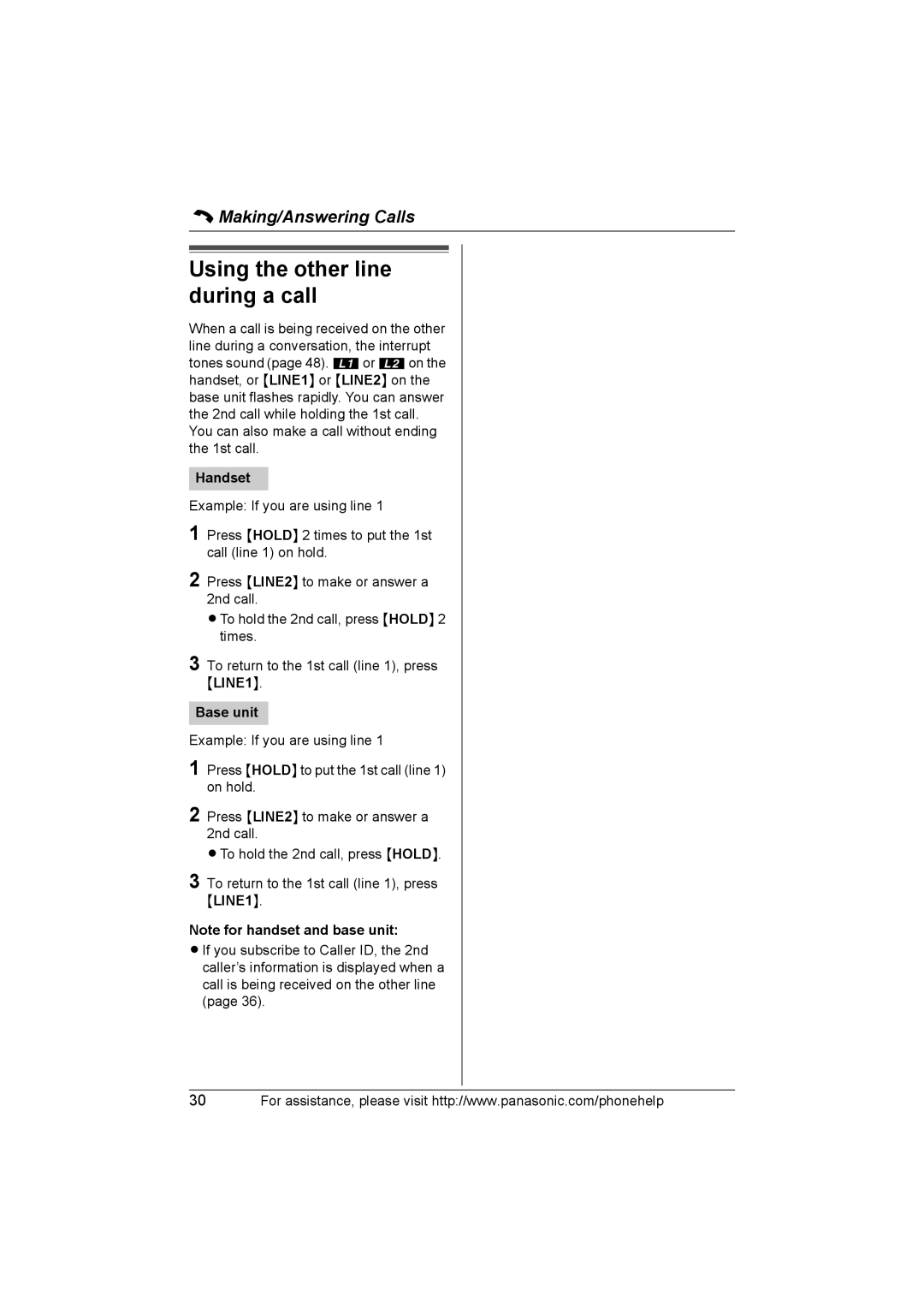 Panasonic KX-TH102-C operating instructions Using the other line during a call 