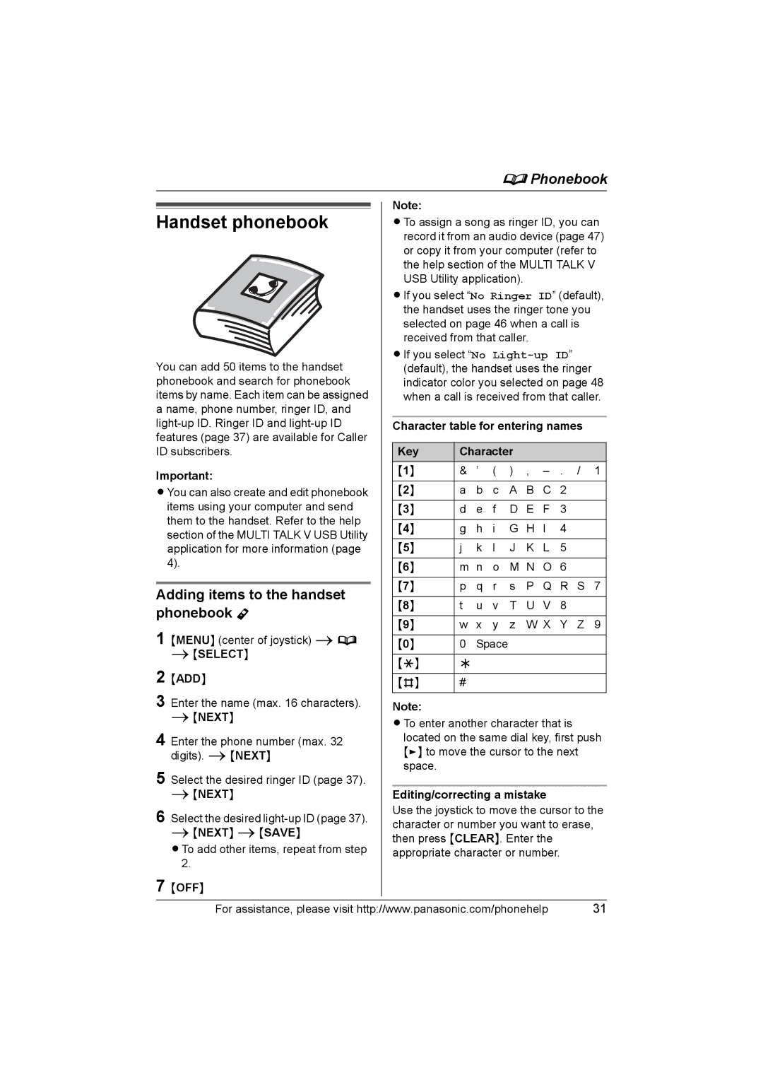 Panasonic KX-TH102-C operating instructions Handset phonebook, Adding items to the handset, Phonebook Y 