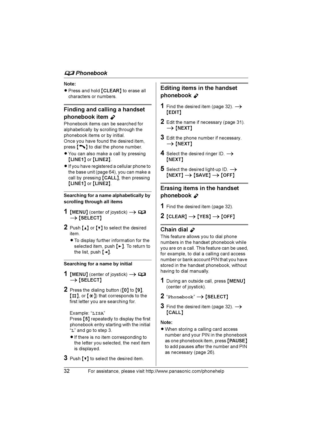 Panasonic KX-TH102-C Finding and calling a handset phonebook item Y, Editing items in the handset phonebook Y 