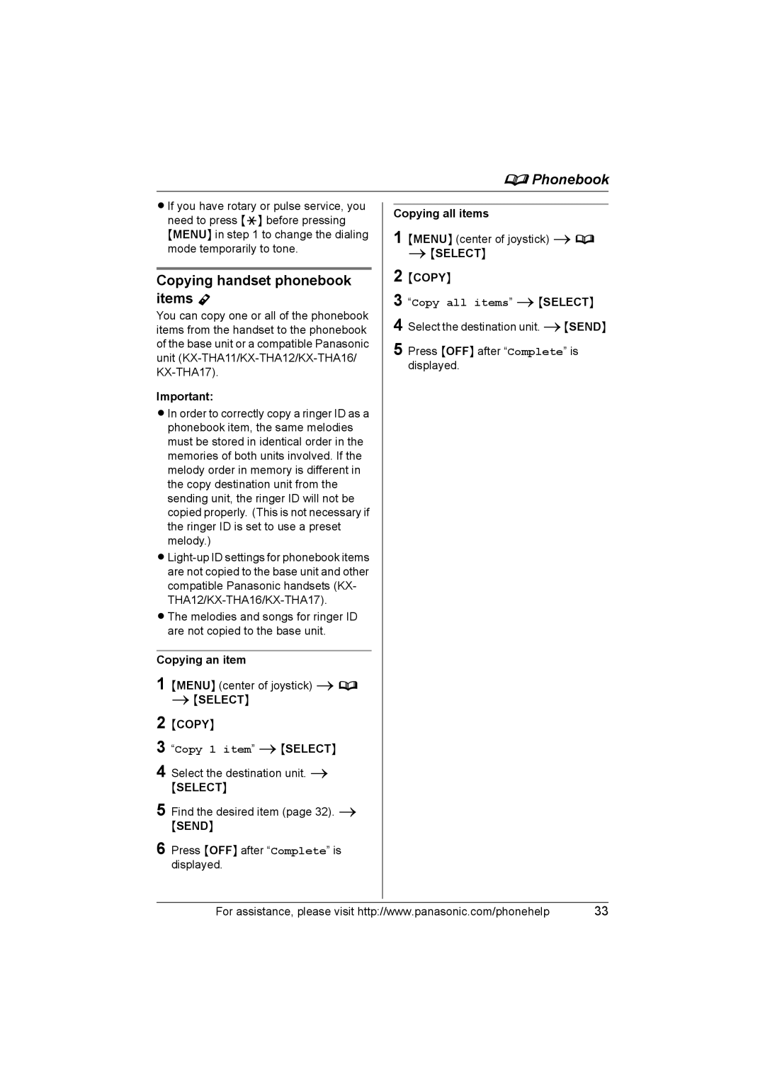 Panasonic KX-TH102-C Copying handset phonebook items Y, Copying an item, Copying all items, Select Copy 