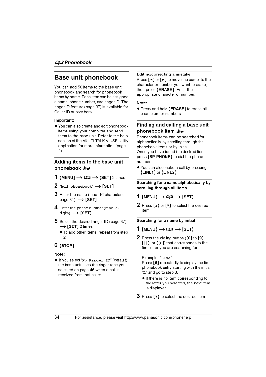 Panasonic KX-TH102-C operating instructions Base unit phonebook, Adding items to the base unit phonebook o, Stop 