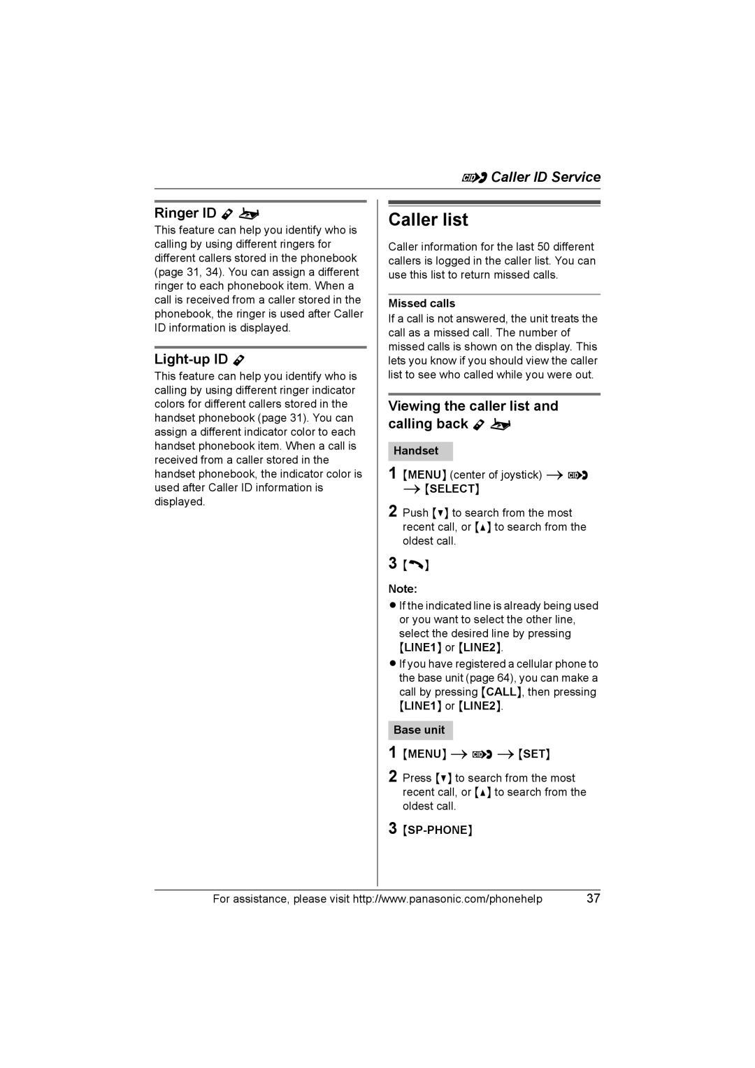 Panasonic KX-TH102-C Caller list, Ringer ID Y o, Light-up ID Y, Viewing the caller list and calling back Y o, Missed calls 