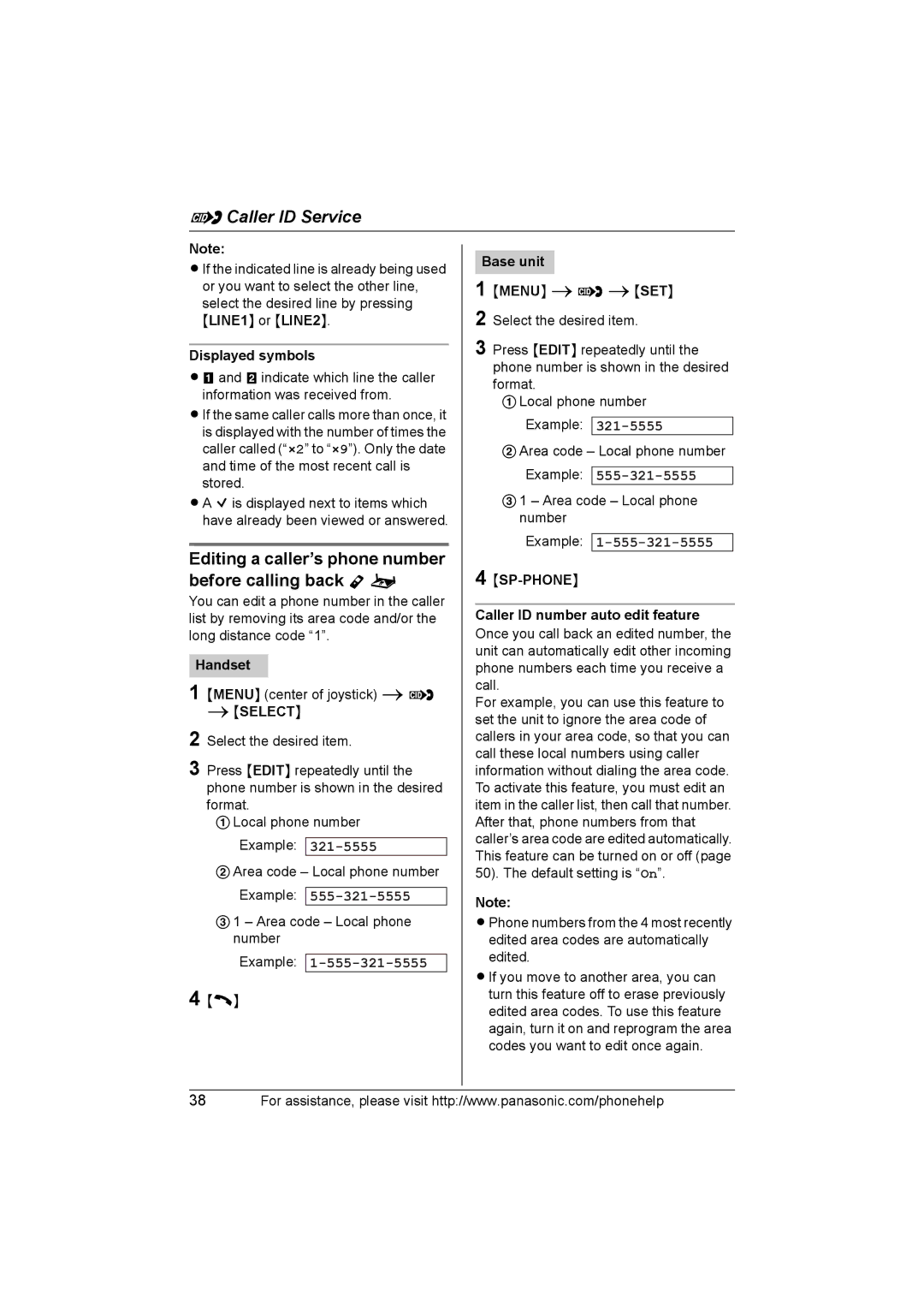 Panasonic KX-TH102-C Editing a caller’s phone number before calling back Y o, Displayed symbols, Example 