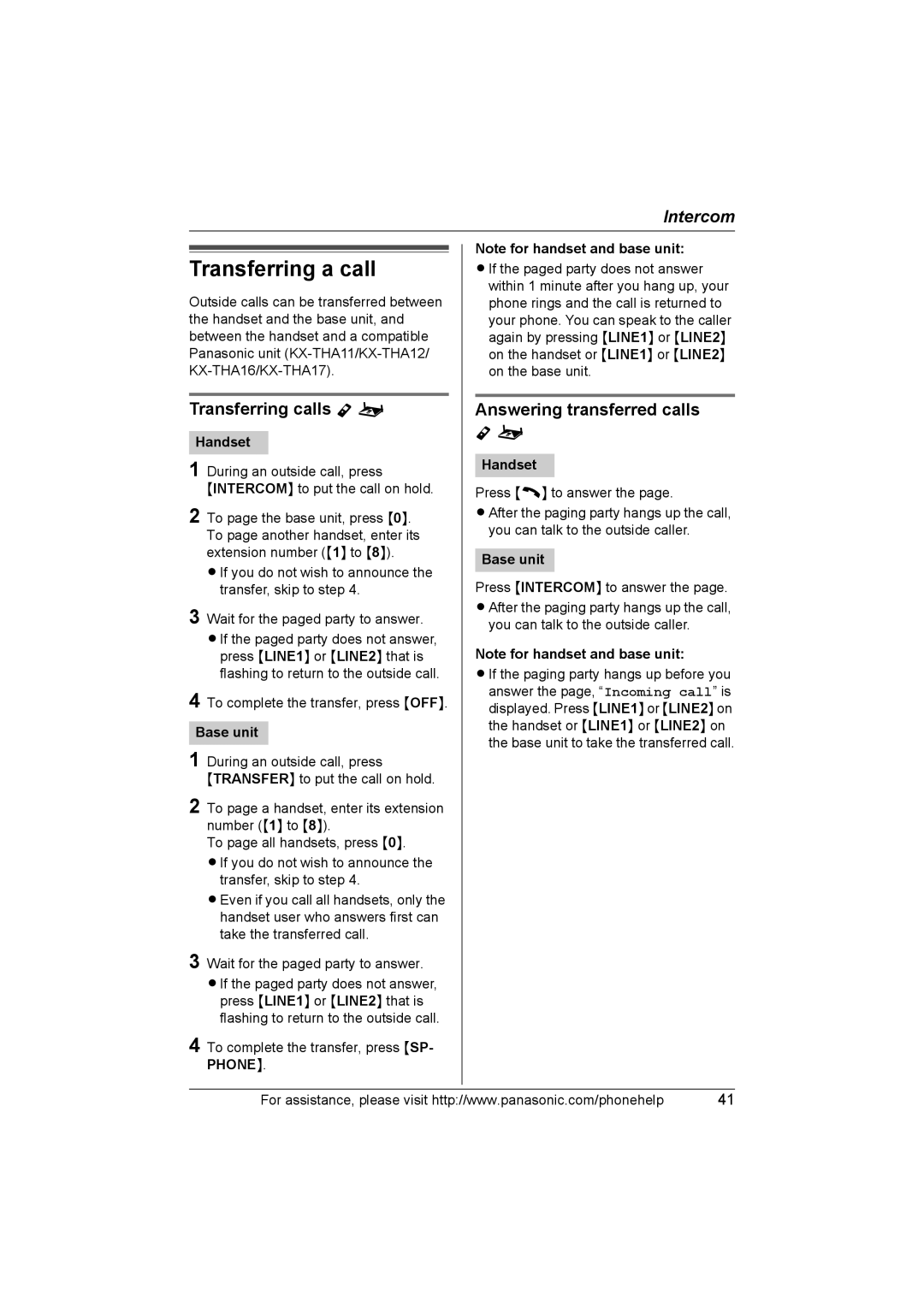 Panasonic KX-TH102-C operating instructions Transferring a call, Transferring calls Y o, Answering transferred calls 