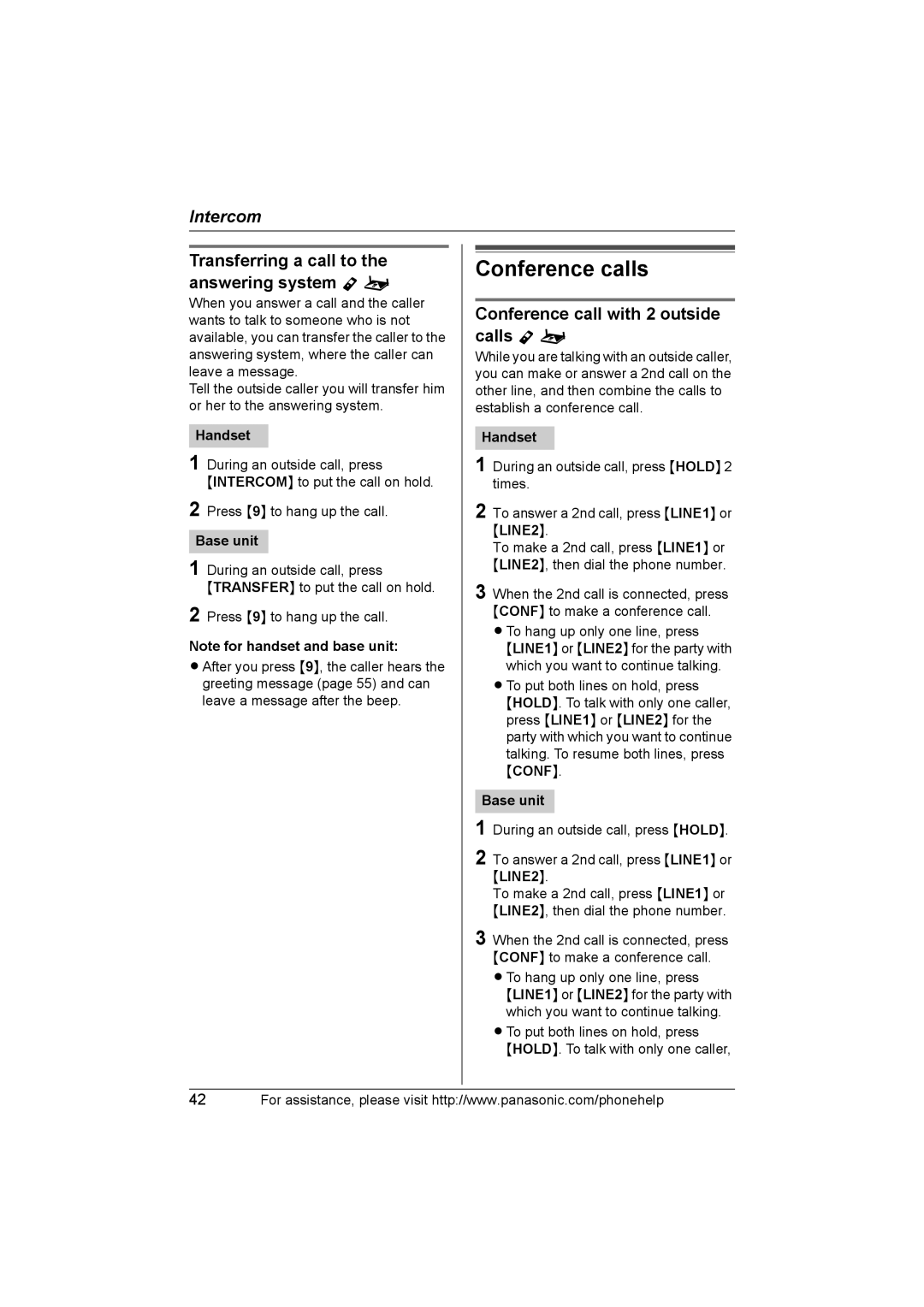 Panasonic KX-TH102-C operating instructions Conference calls, Transferring a call to the answering system Y o 