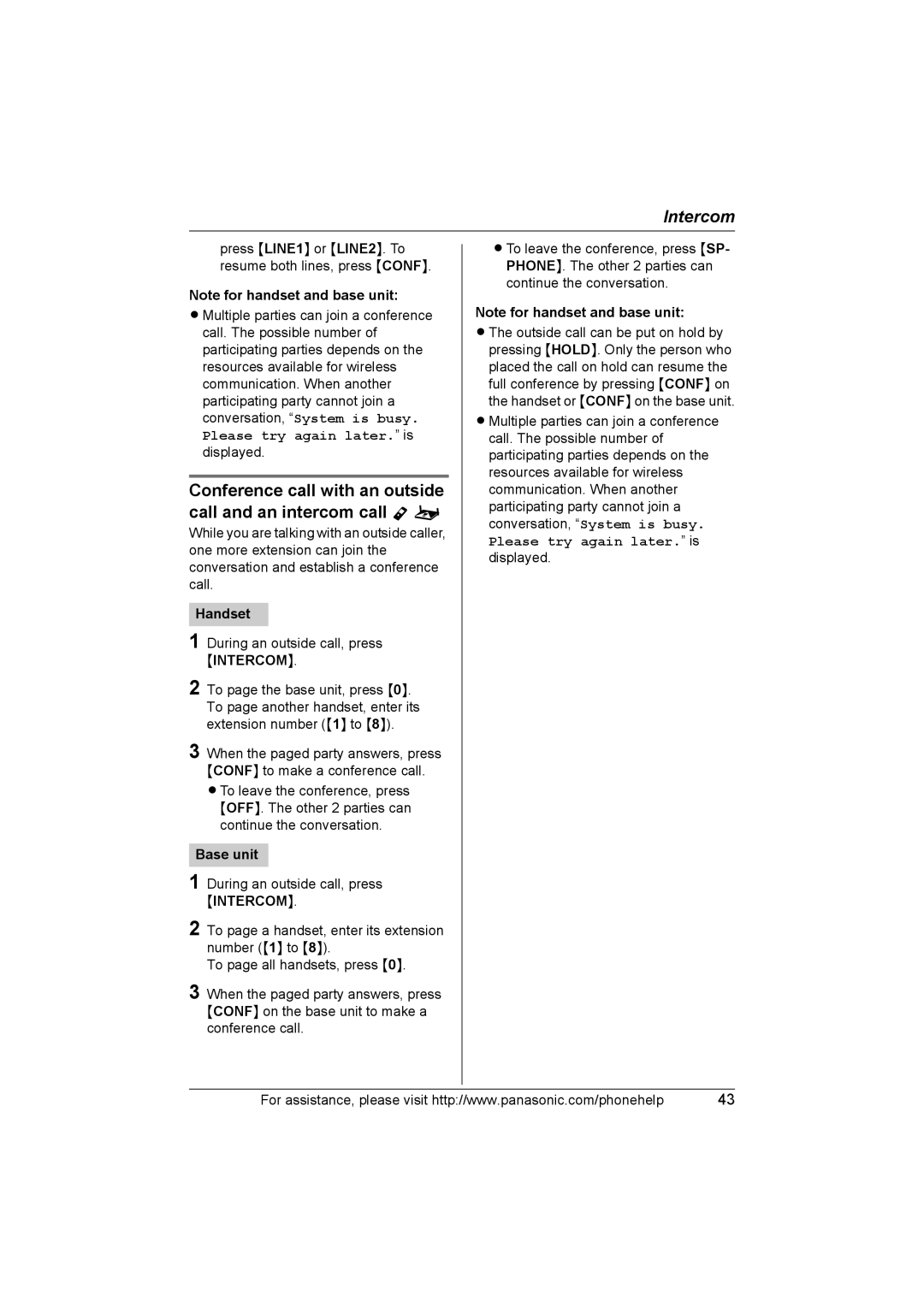 Panasonic KX-TH102-C operating instructions Intercom 