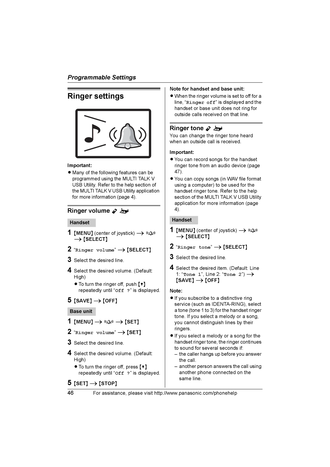 Panasonic KX-TH102-C operating instructions Ringer settings, Ringer volume Y o, Ringer tone Y o 