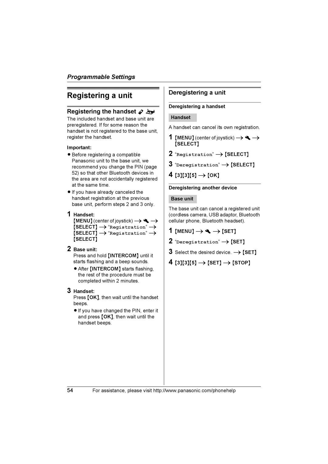 Panasonic KX-TH102-C Registering a unit, Registering the handset Y o, Deregistering a unit, Deregistration iSET 