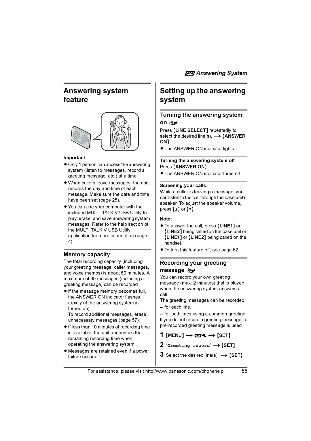 Panasonic KX-TH102-C operating instructions Answering system feature, Setting up the answering system, Memory capacity 