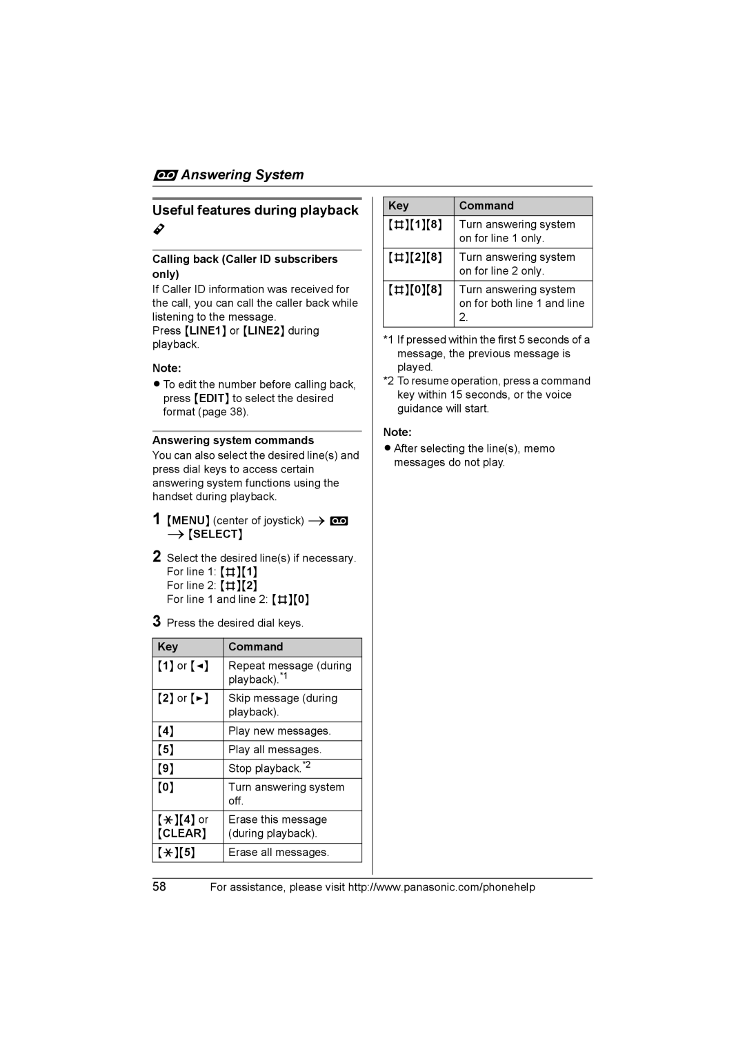 Panasonic KX-TH102-C operating instructions Answering system commands, Key Command, Clear 