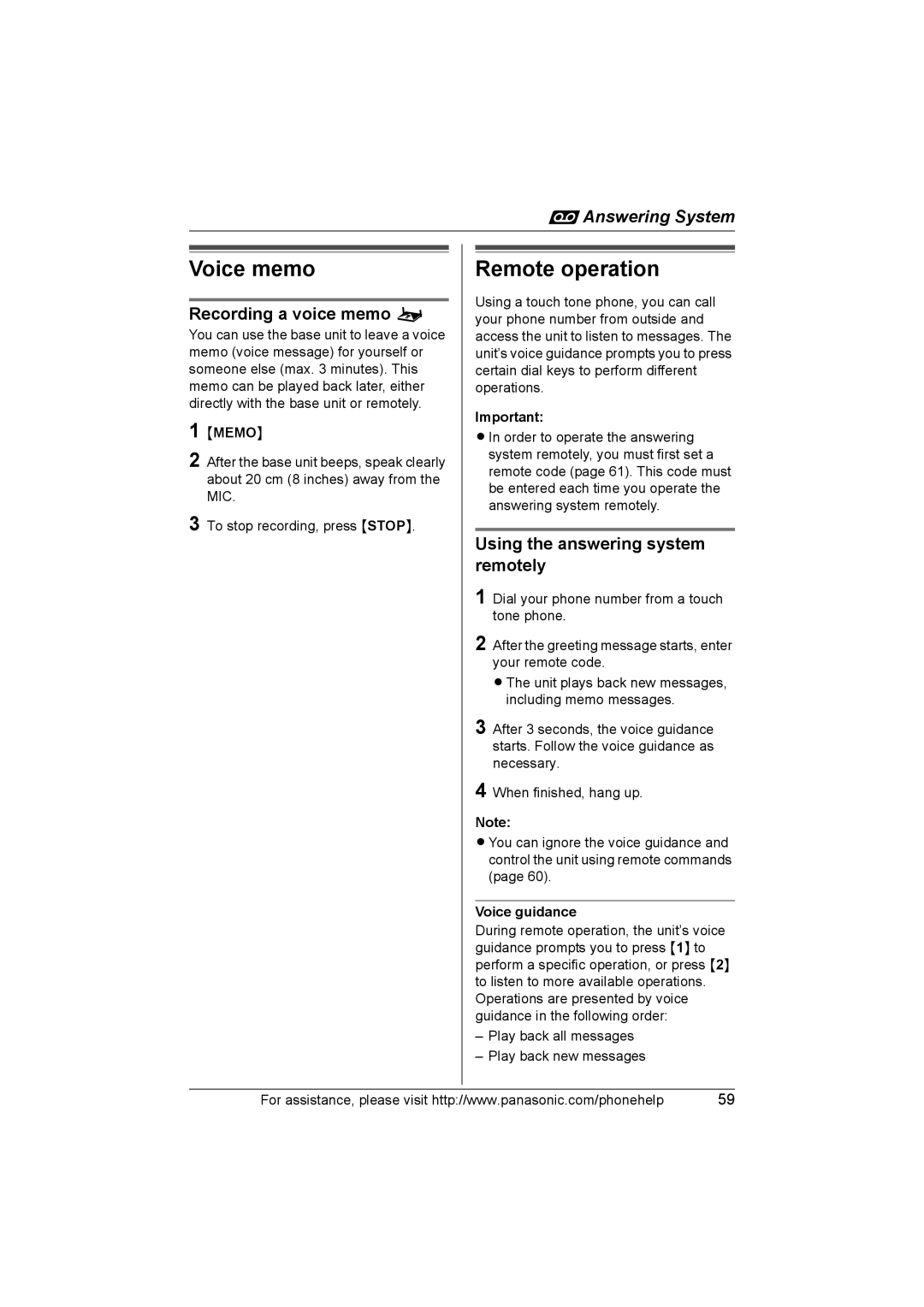 Panasonic KX-TH102-C Voice memo, Remote operation, Recording a voice memo o, Using the answering system remotely, Memo 