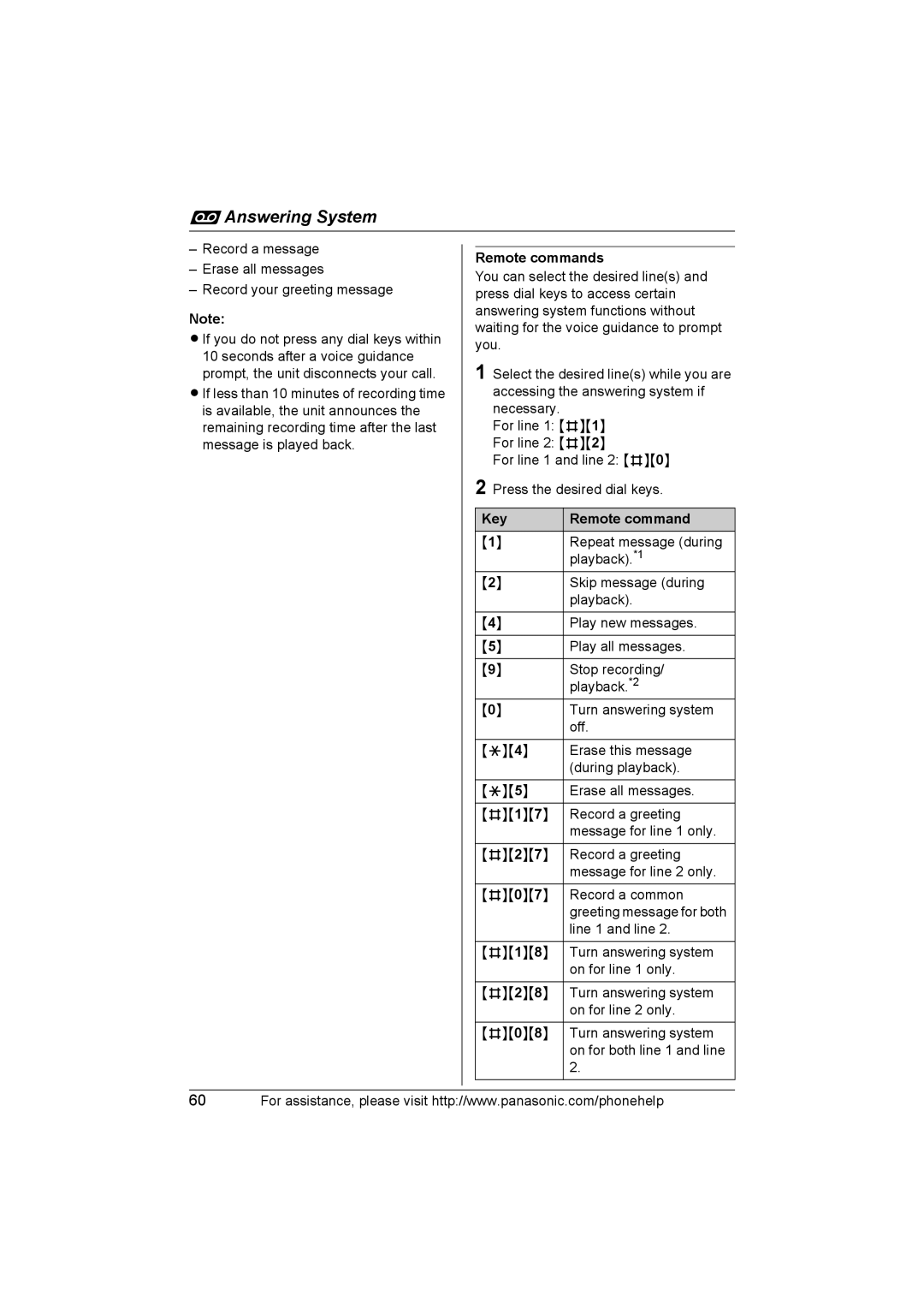 Panasonic KX-TH102-C operating instructions Remote commands, Key Remote command 