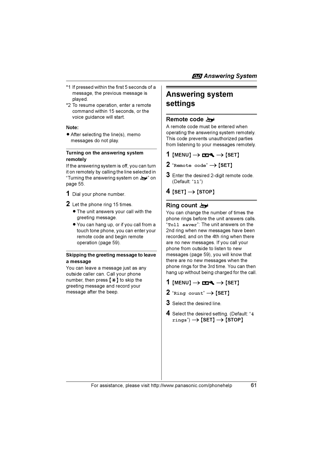 Panasonic KX-TH102-C operating instructions Answering system settings, Remote code o, Ring count o, Ring count iSET 