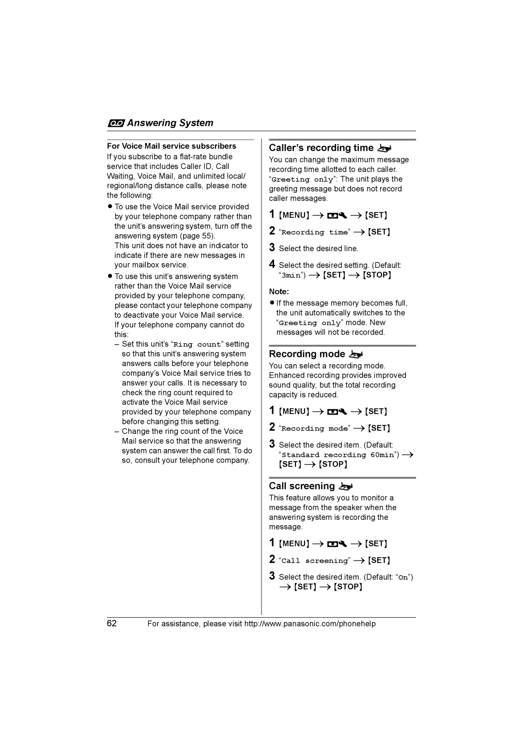 Panasonic KX-TH102-C operating instructions Caller’s recording time o, Recording mode o, Call screening o 